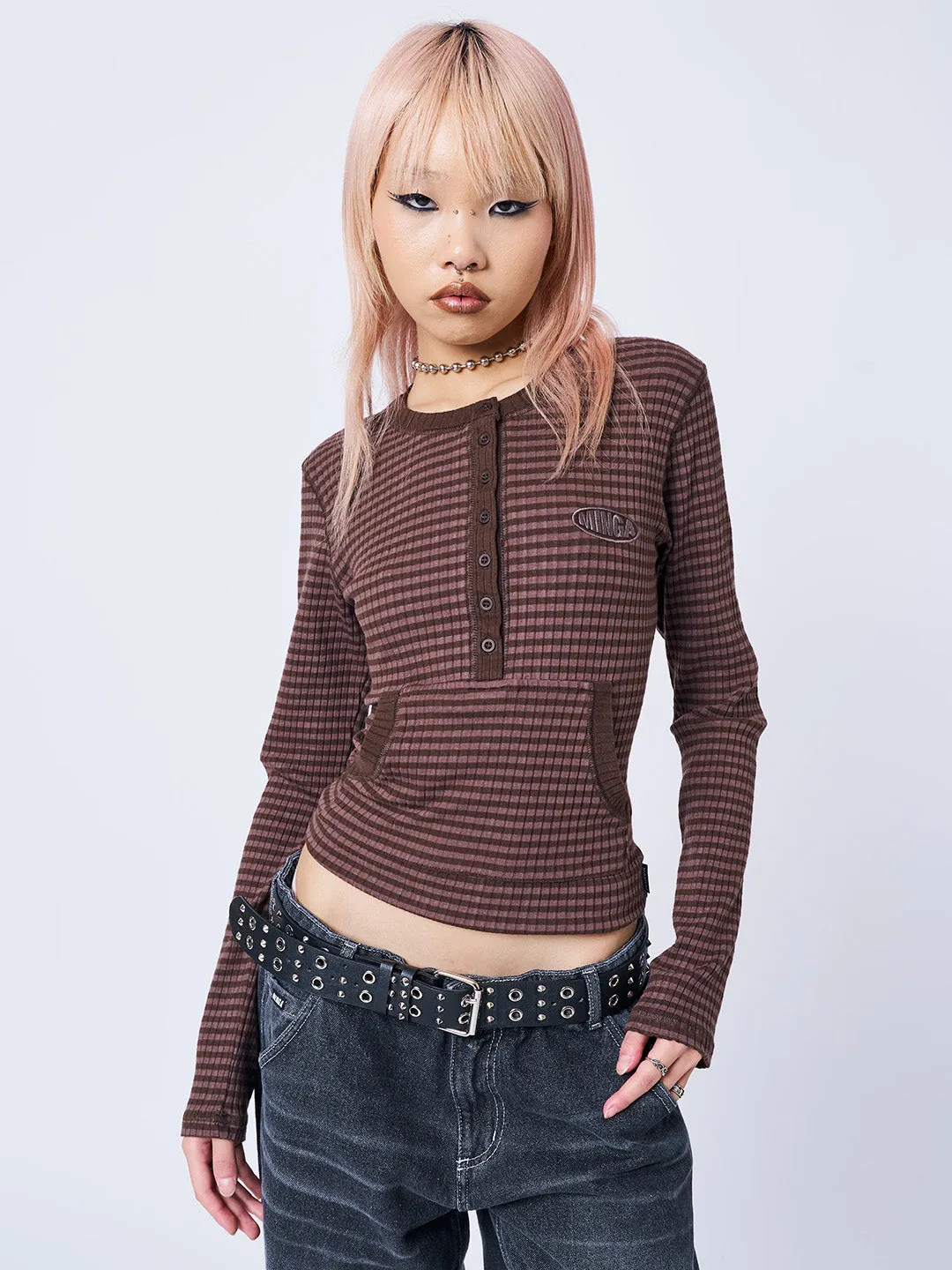 Kimi Brown Half Button Striped Top