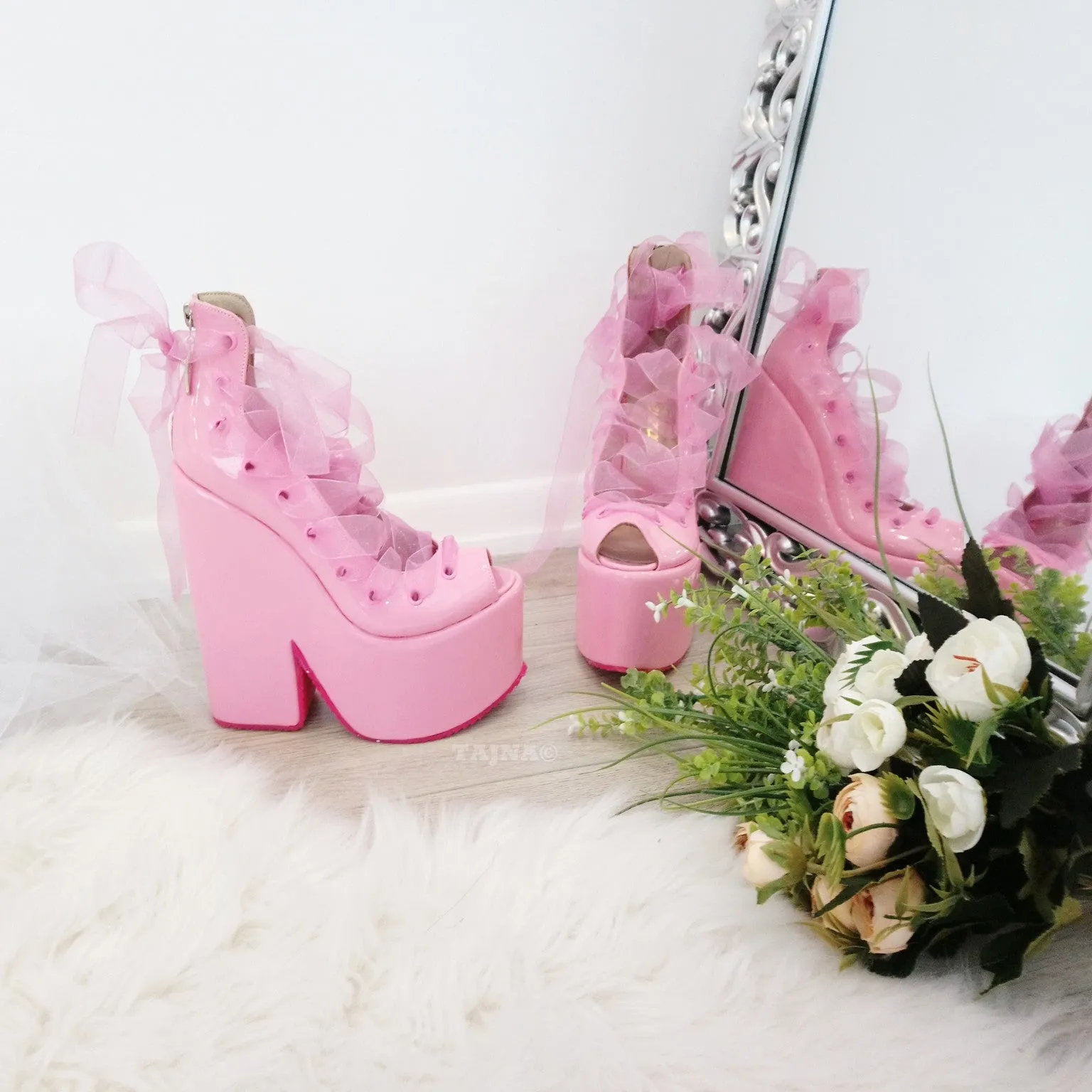 Lace Up Designer Light Pink Wedge Platform Shoes