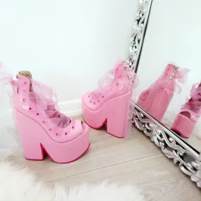 Lace Up Designer Light Pink Wedge Platform Shoes