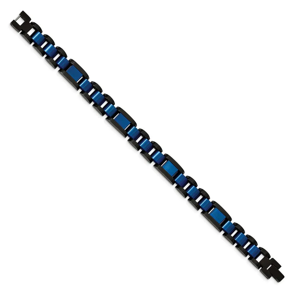 Mens 12mm Black & Blue Plated Stainless Steel Link Bracelet, 8.75 Inch