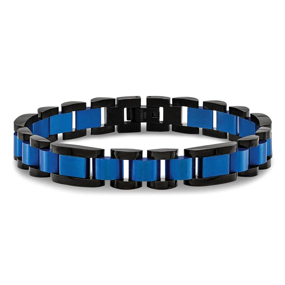 Mens 12mm Black & Blue Plated Stainless Steel Link Bracelet, 8.75 Inch