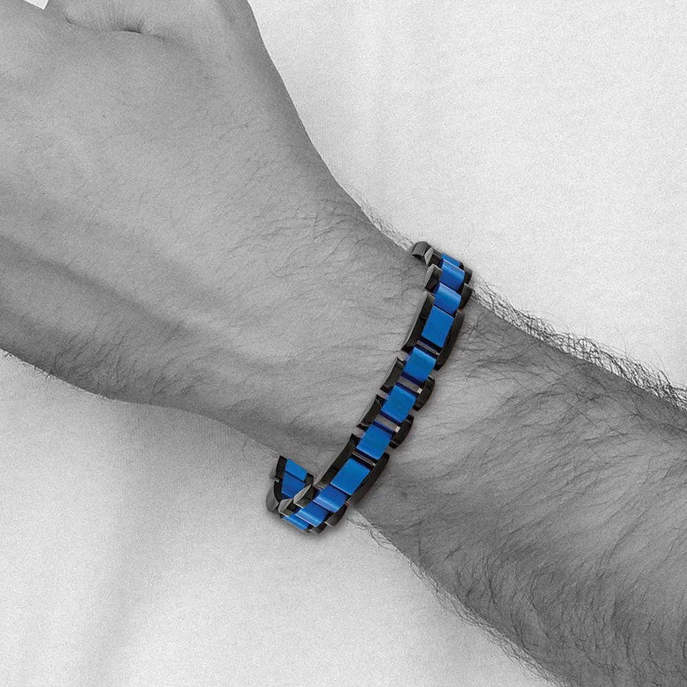 Mens 12mm Black & Blue Plated Stainless Steel Link Bracelet, 8.75 Inch