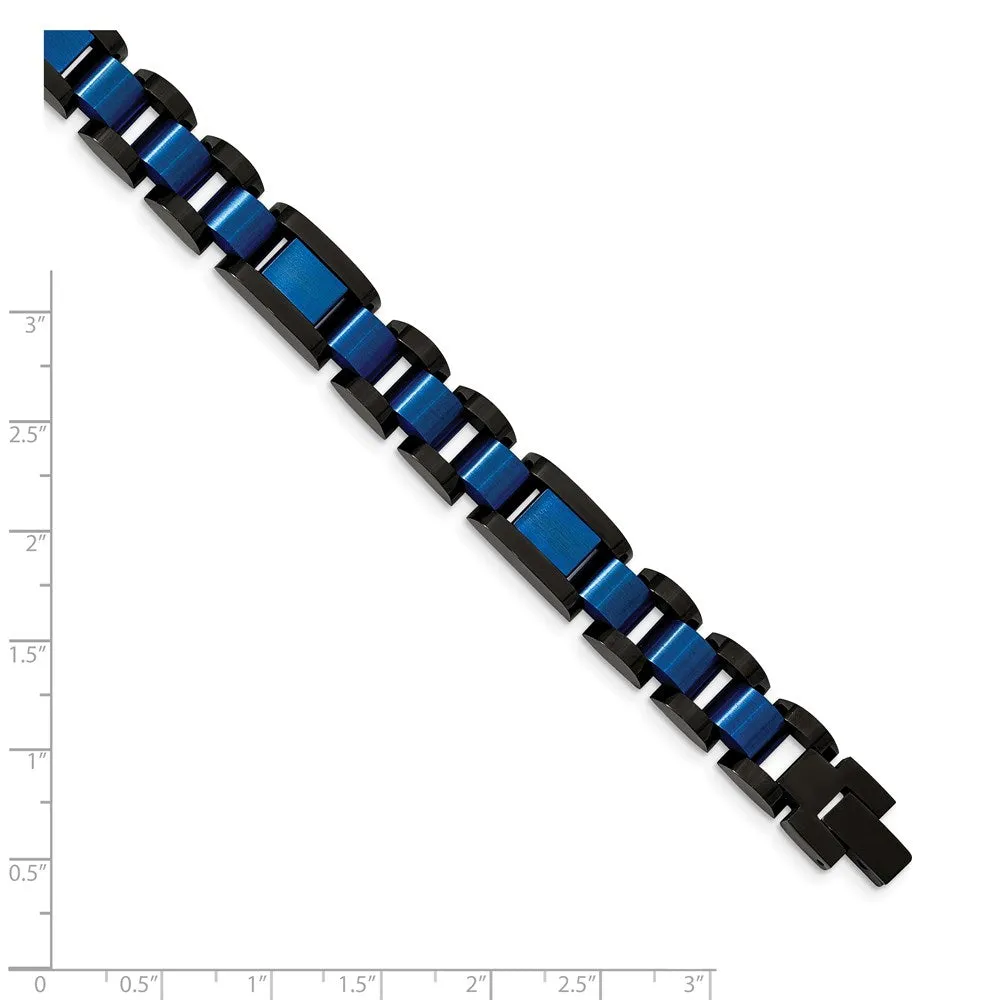 Mens 12mm Black & Blue Plated Stainless Steel Link Bracelet, 8.75 Inch