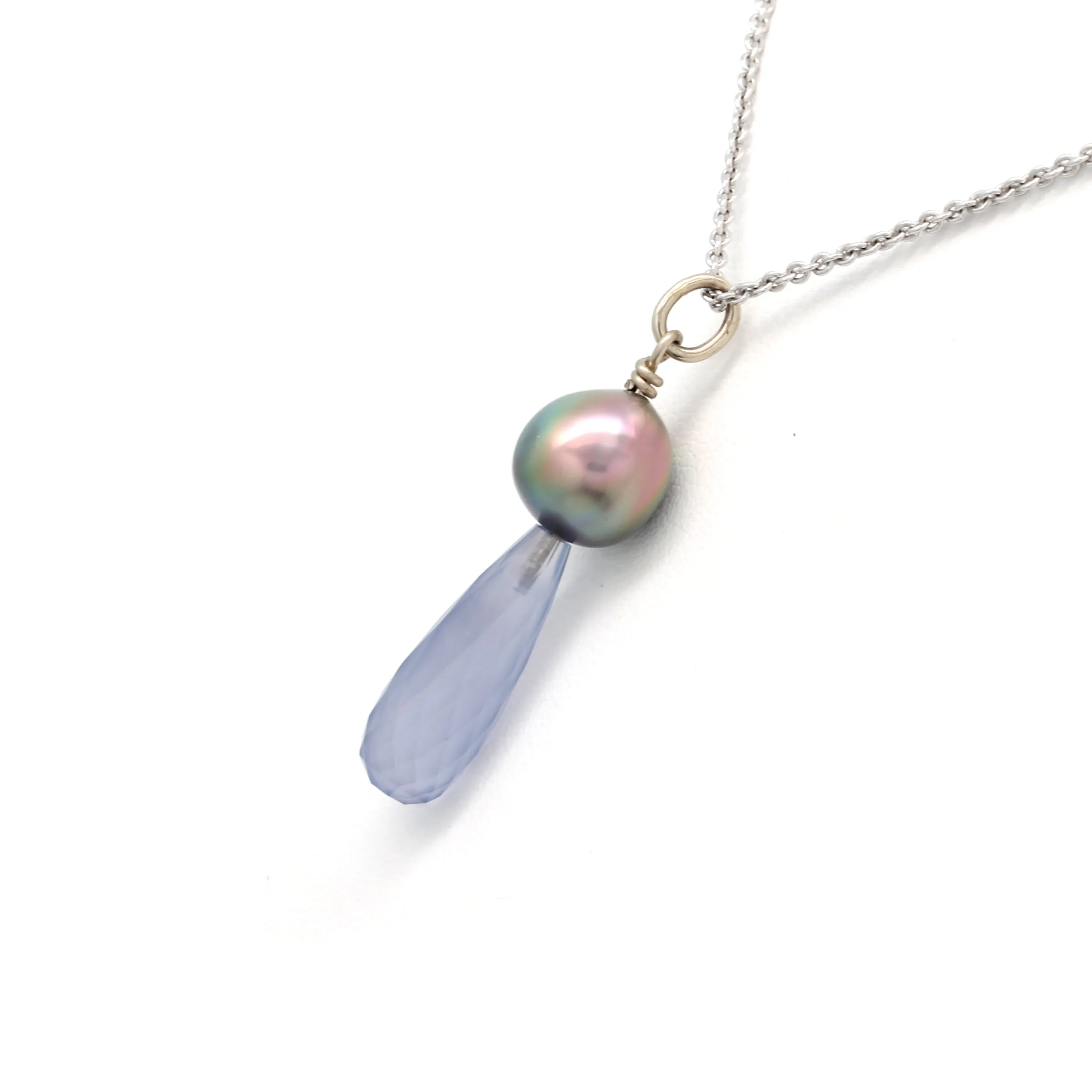 Multicolored Green/Pink Cortez Pearl on White Gold Pendant with a Heavenly-Blue Chalcedony