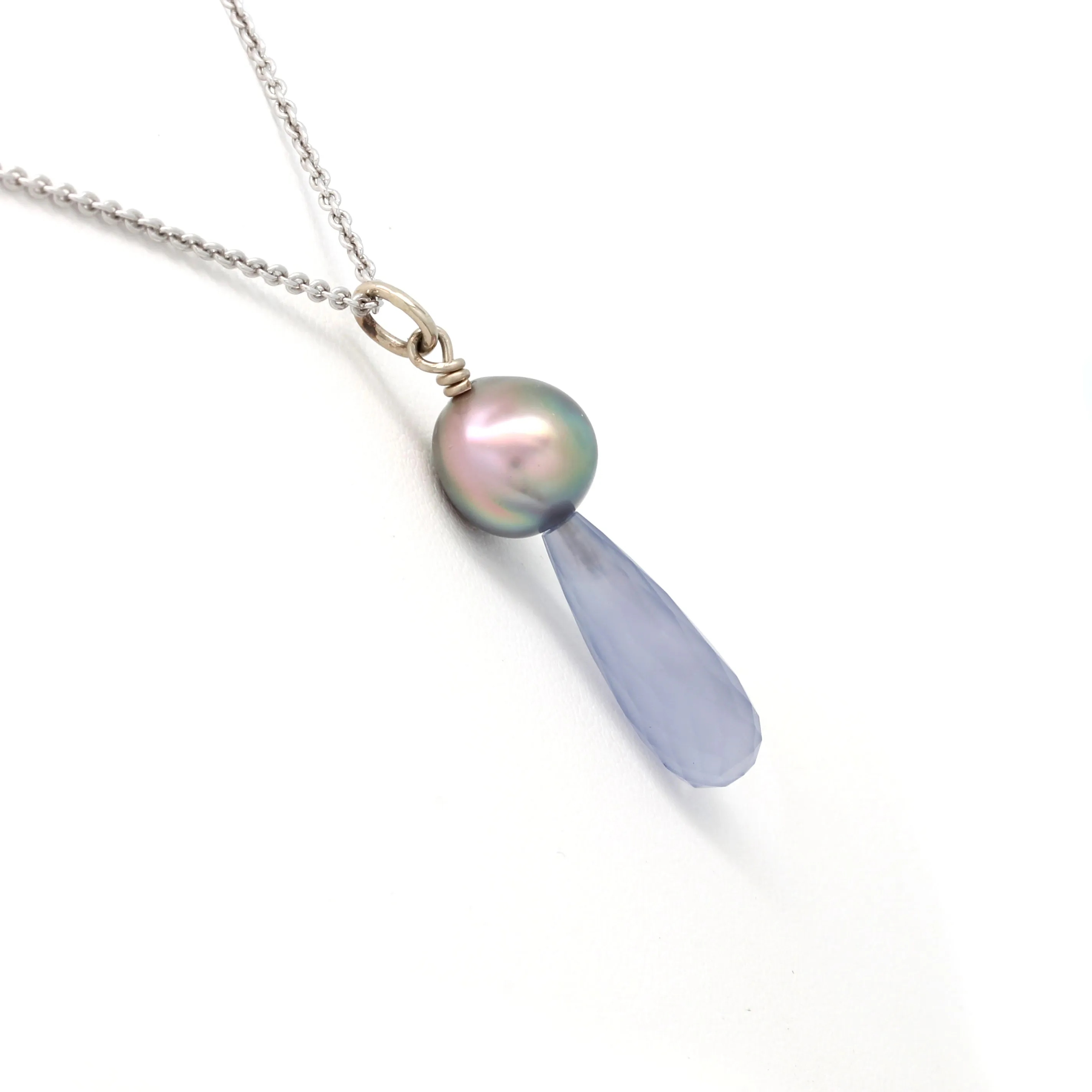 Multicolored Green/Pink Cortez Pearl on White Gold Pendant with a Heavenly-Blue Chalcedony