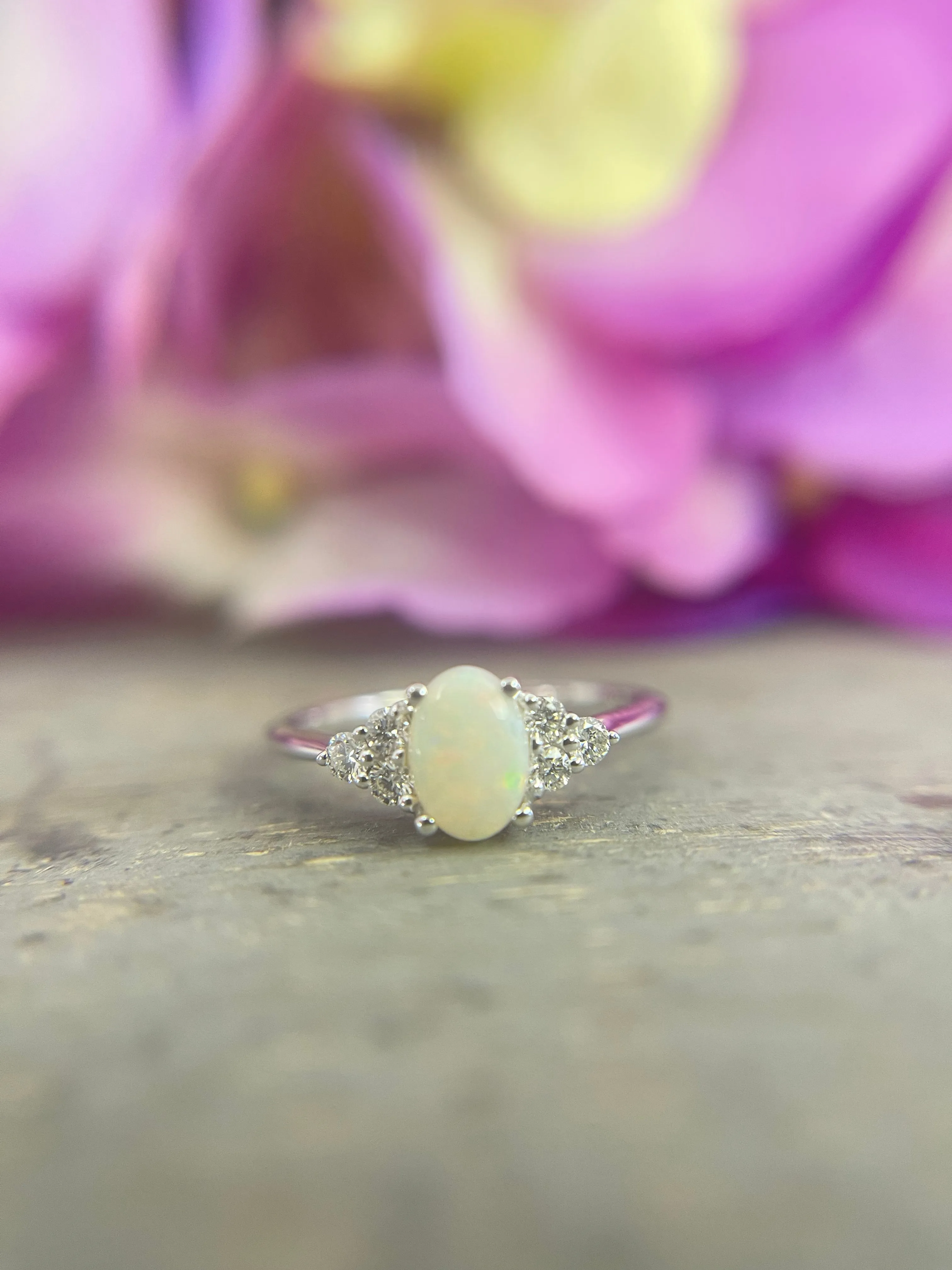 Natural Australian White Opal with Diamond 7-Stone Ring