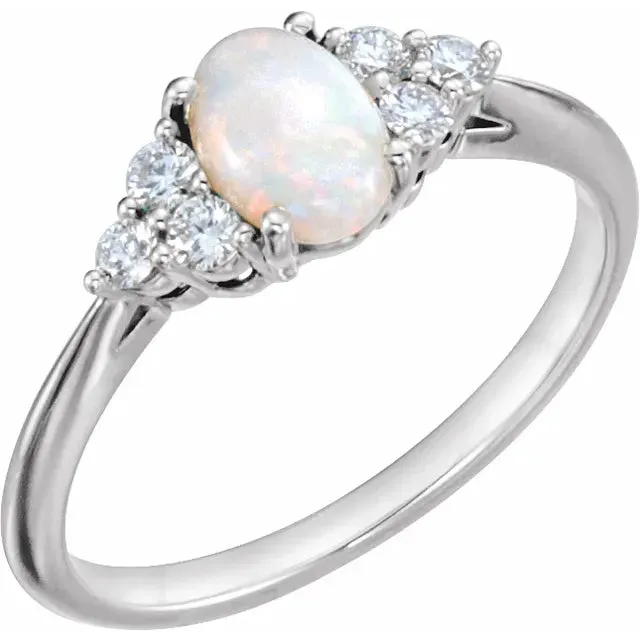 Natural Australian White Opal with Diamond 7-Stone Ring