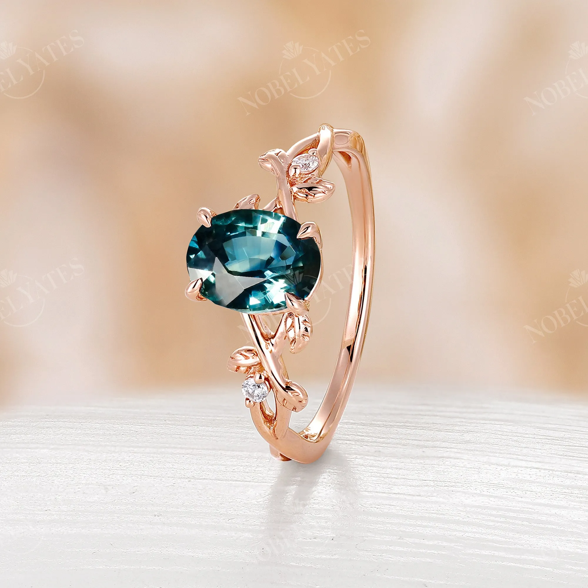 Oval Blue Green Sapphire Leaf Desgn Engagement Ring Rose Gold