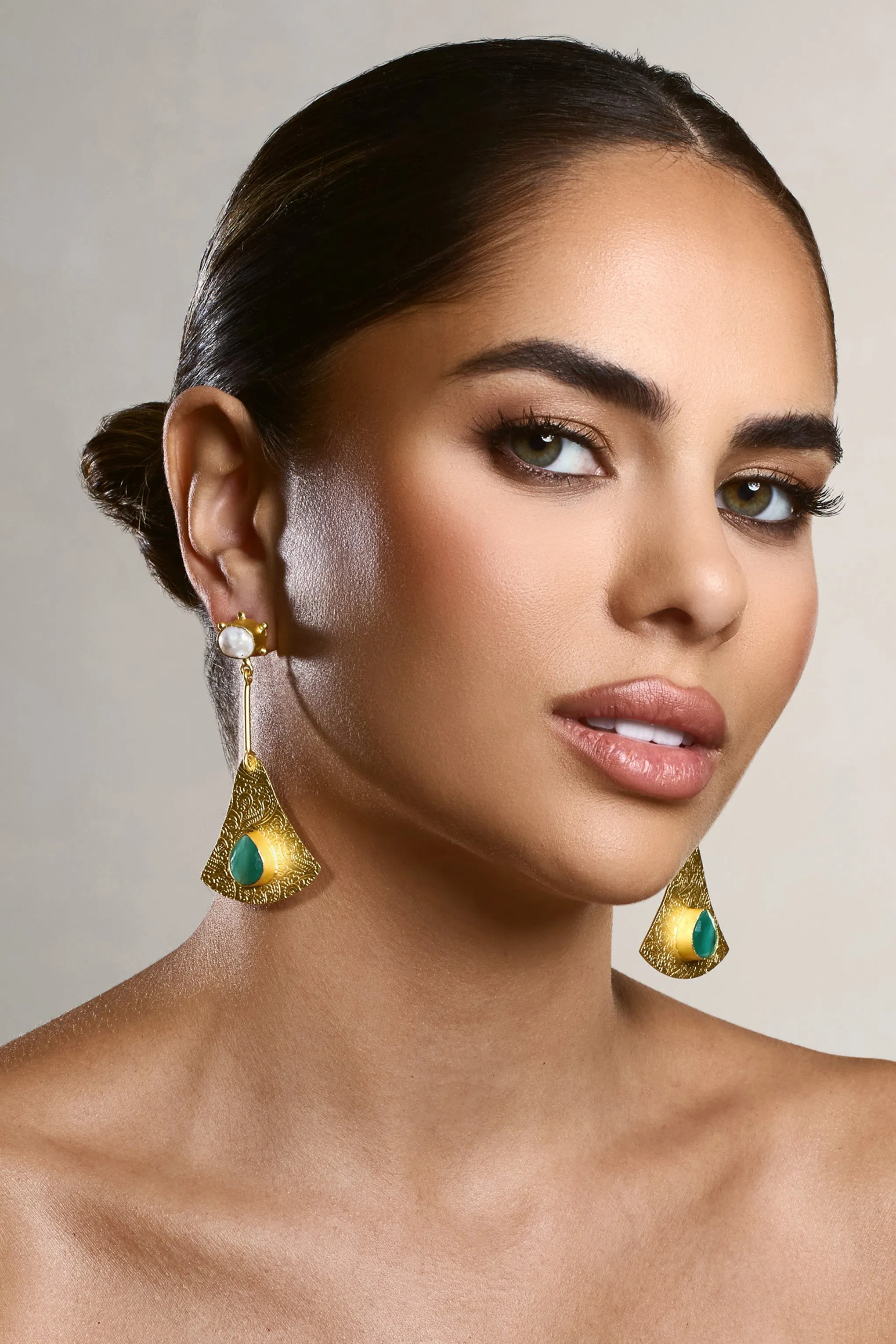 Pacific | Gold Drop Earrings With Green Pendant