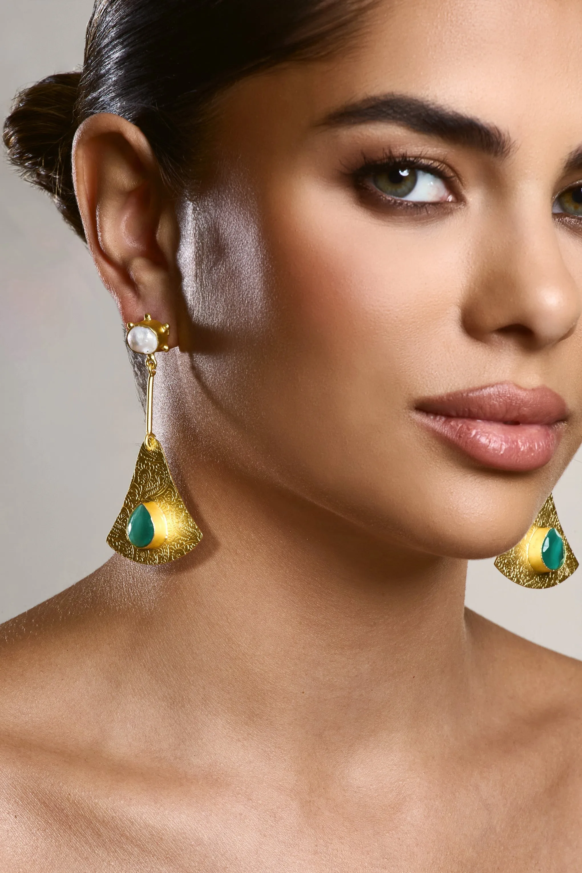 Pacific | Gold Drop Earrings With Green Pendant