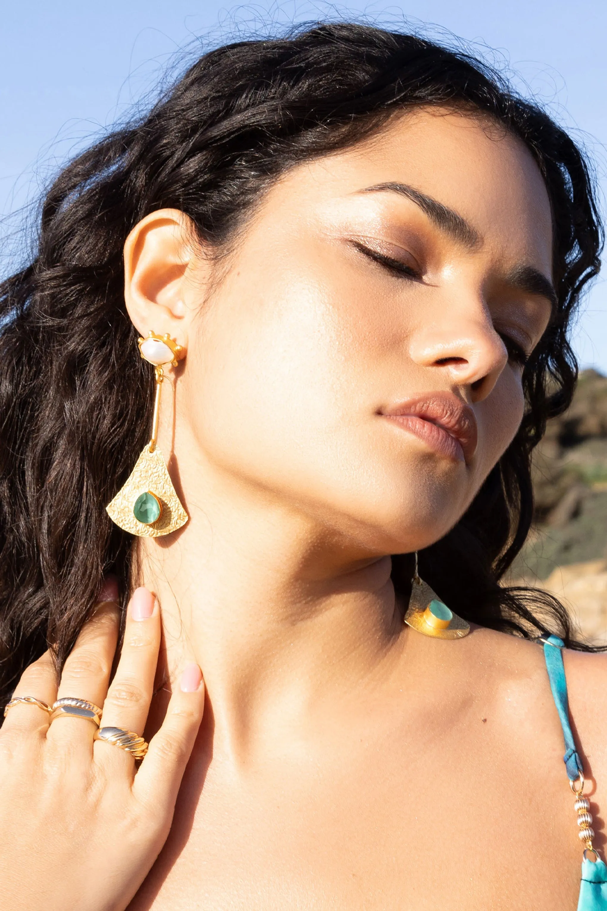 Pacific | Gold Drop Earrings With Green Pendant