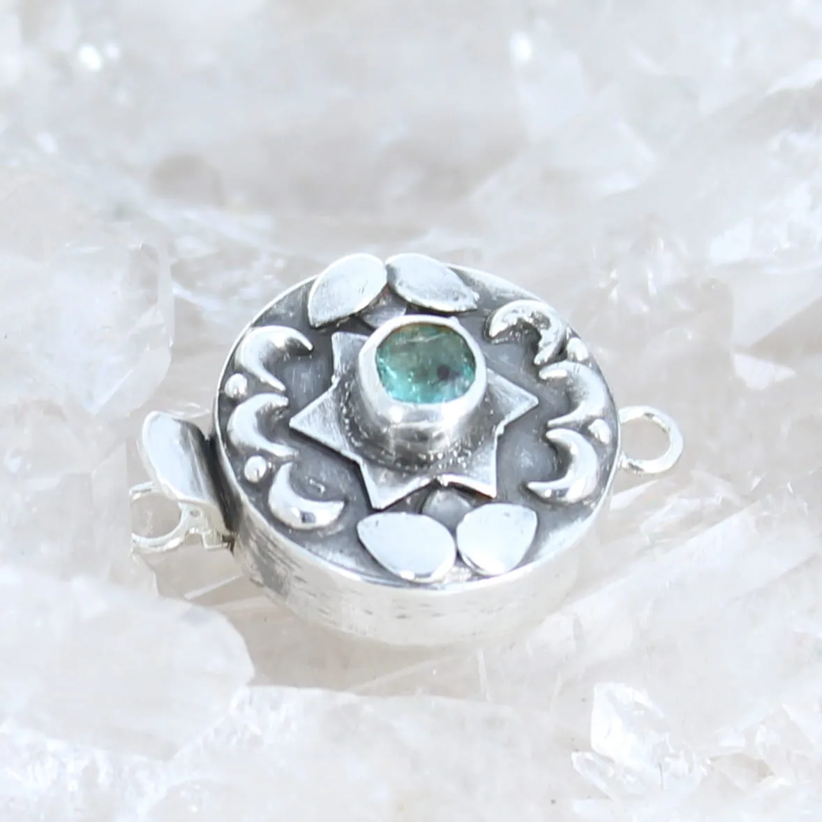 Paraiba Blue Apatite Faceted Sterling Clasp Moon Lotus Flower Design