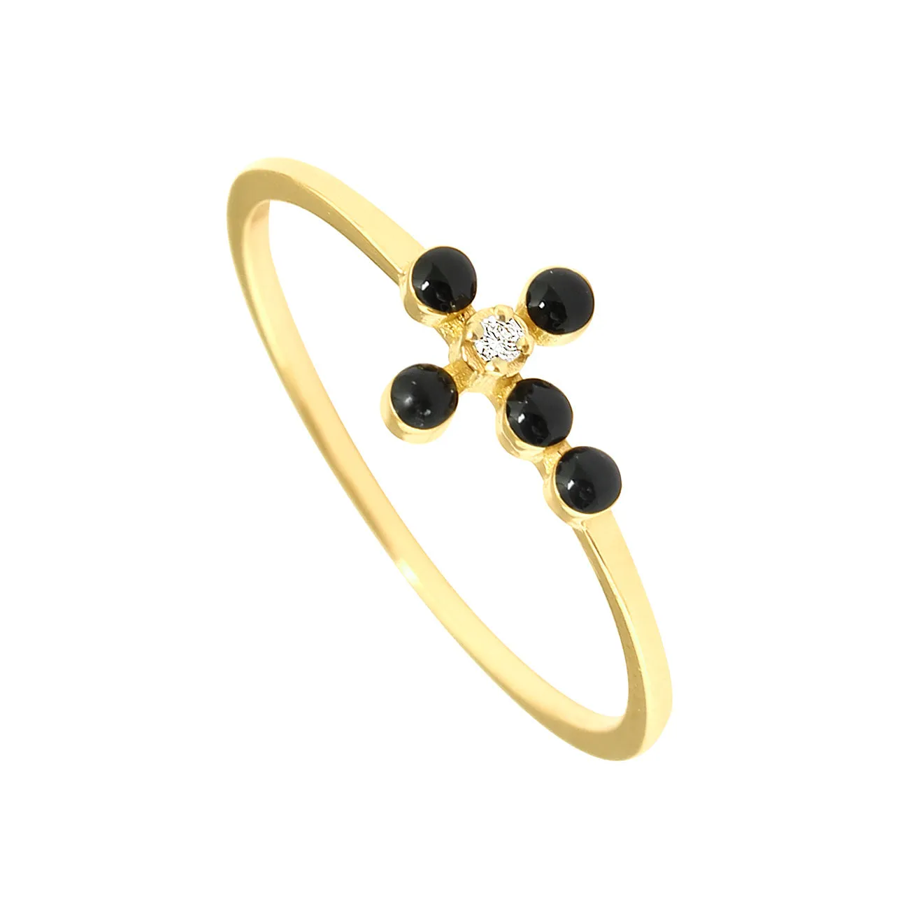 Pearled Cross Diamond Black Ring, Yellow Gold, Size 5.75