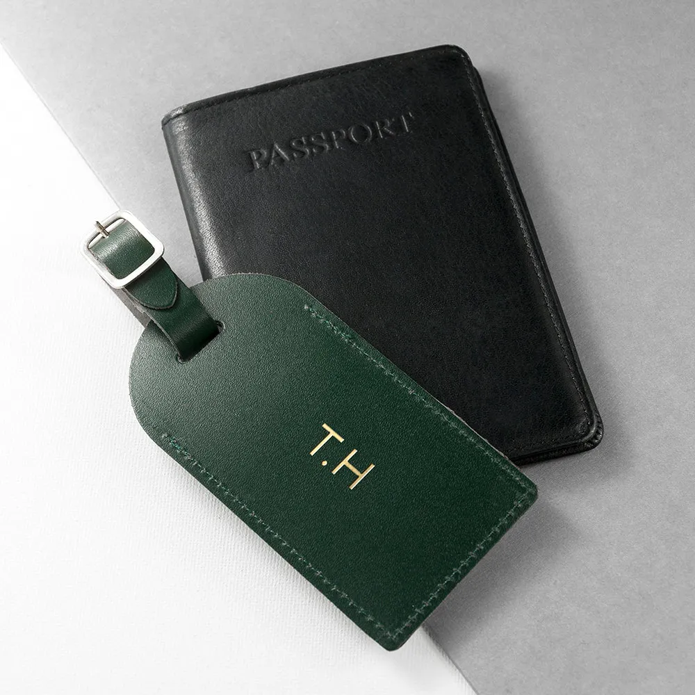 Personalised Dark Green Foiled Leather Luggage Tag