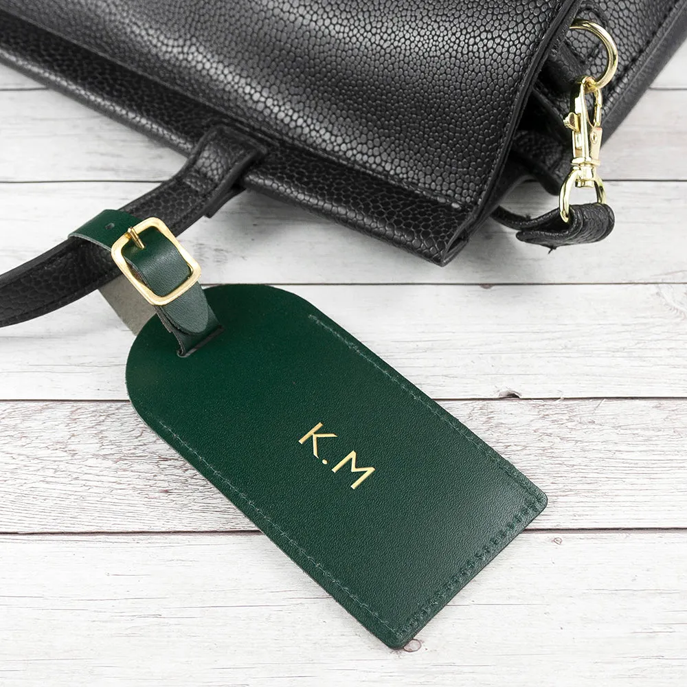 Personalised Dark Green Foiled Leather Luggage Tag