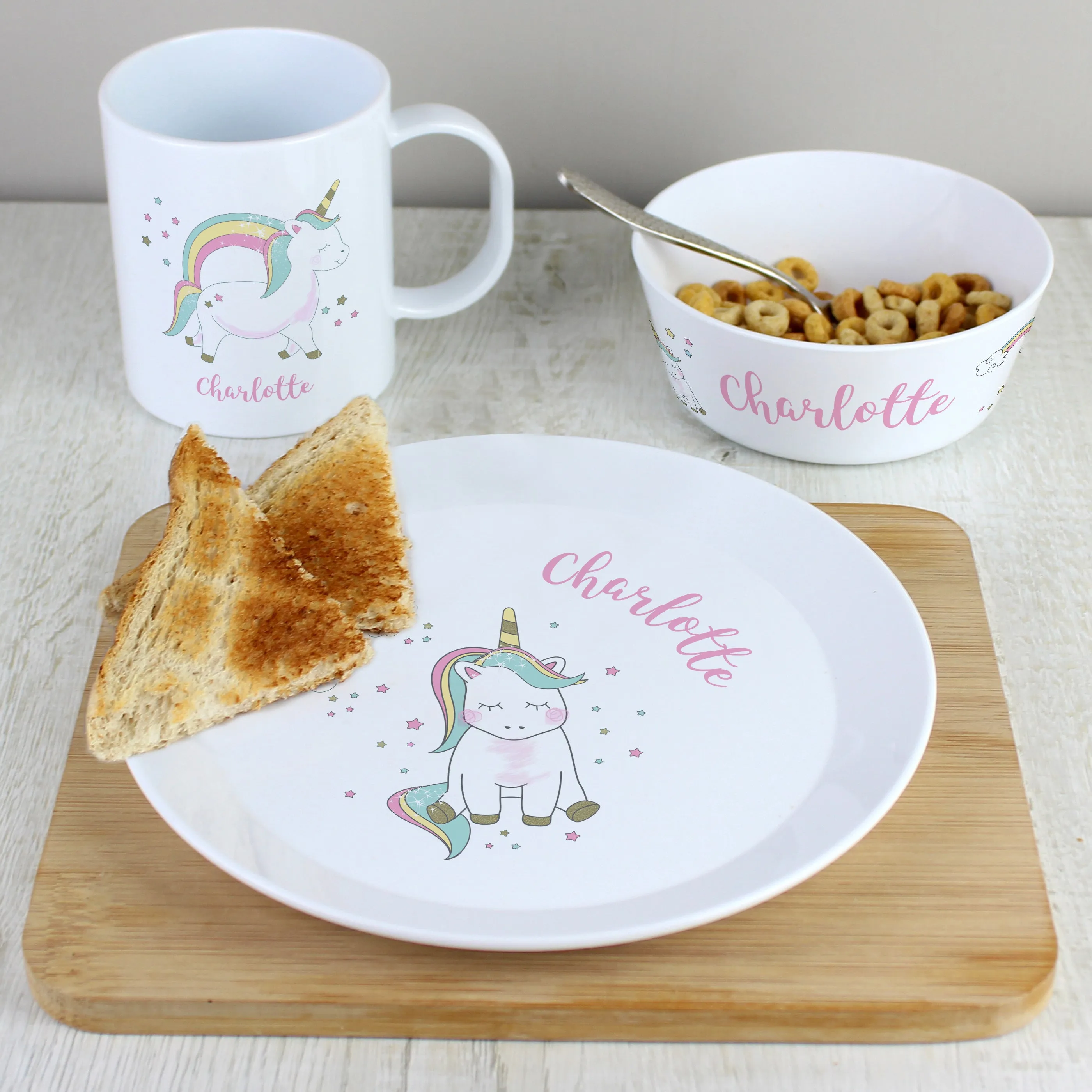 Personalised Unicorn Plastic Breakfast Set