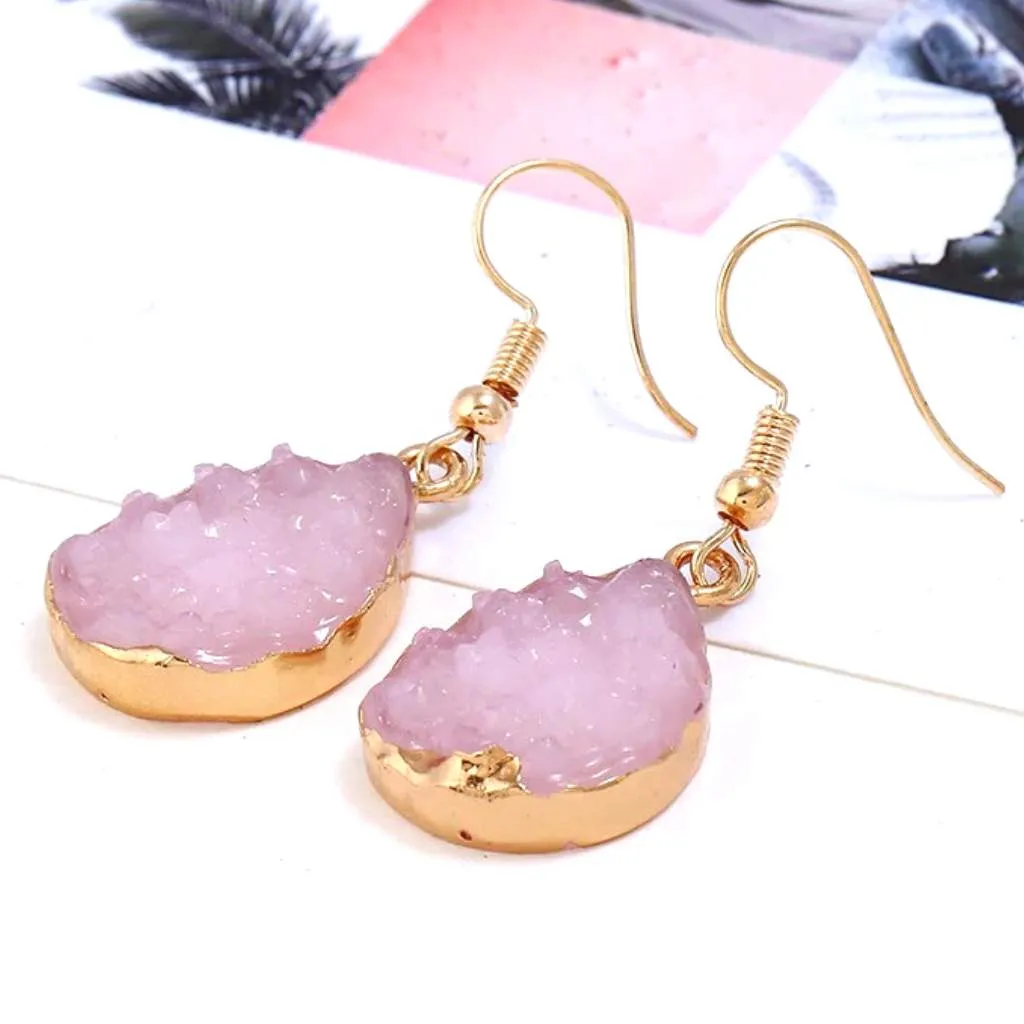 Pink Druzy Teardrop Dangle Earrings