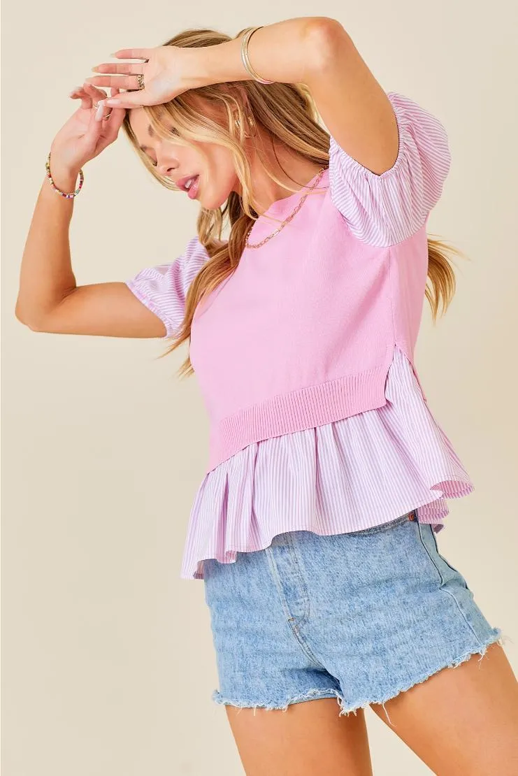 Pink Knit & Pin Striped Contrast Short Sleeve