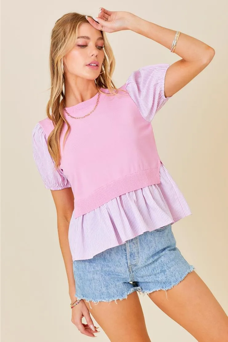 Pink Knit & Pin Striped Contrast Short Sleeve