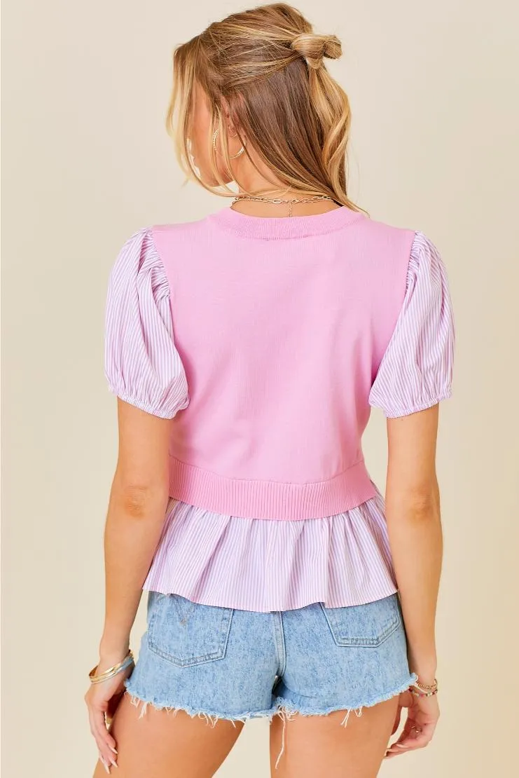 Pink Knit & Pin Striped Contrast Short Sleeve