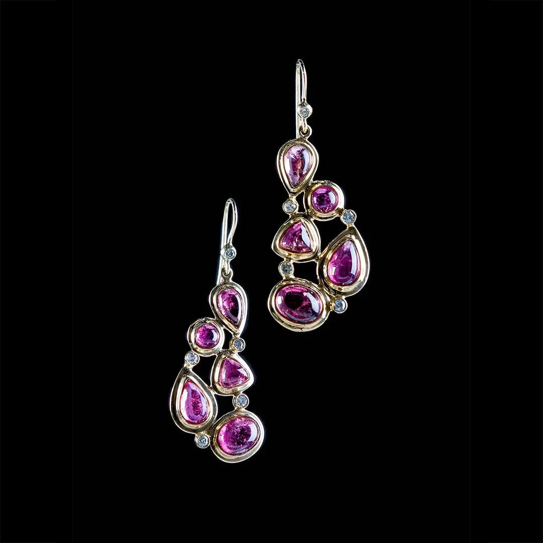 Pink Tourmaline & Diamond 18K Gold Drop Earrings, Mosaic 5 Stone