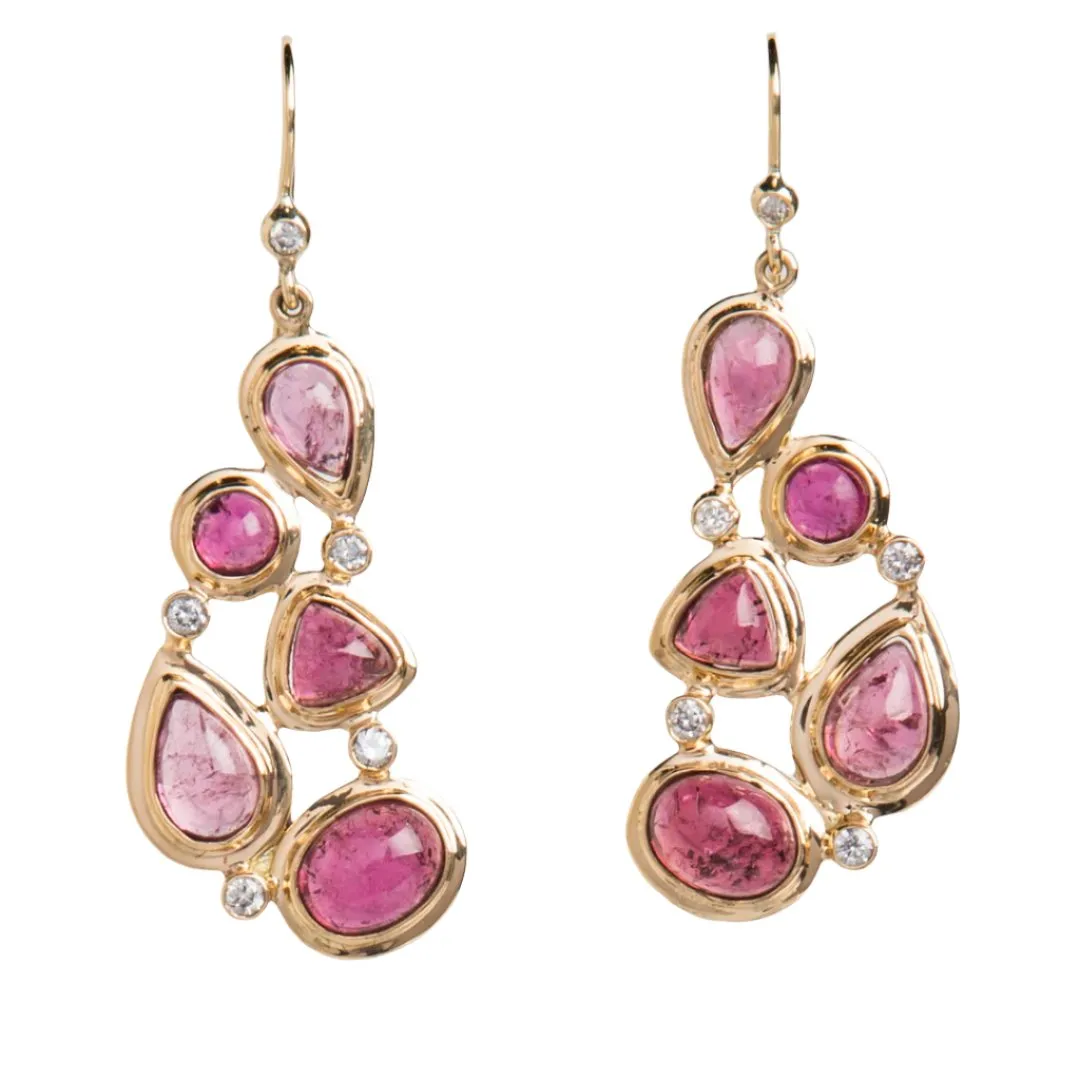 Pink Tourmaline & Diamond 18K Gold Drop Earrings, Mosaic 5 Stone