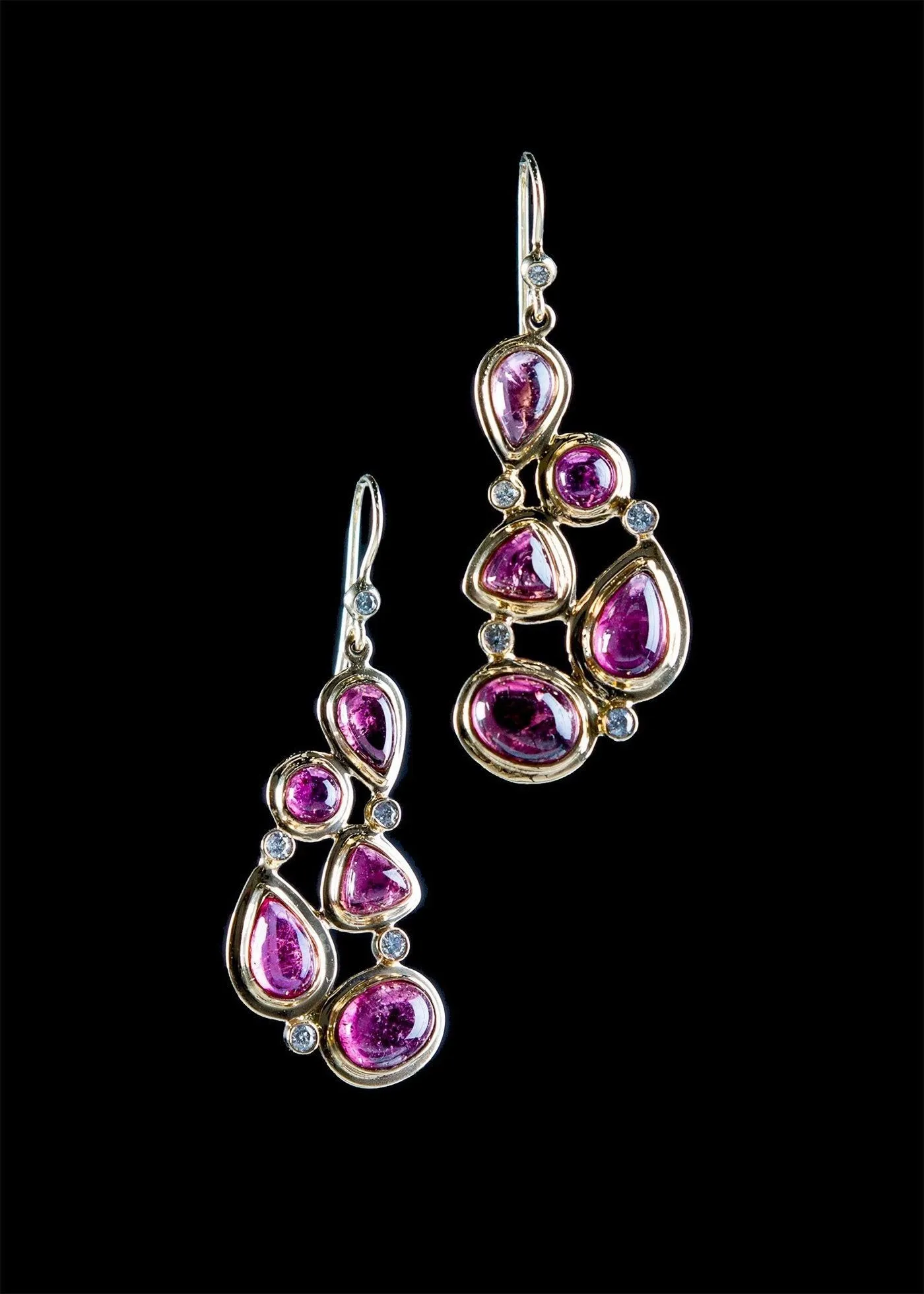 Pink Tourmaline & Diamond 18K Gold Drop Earrings, Mosaic 5 Stone