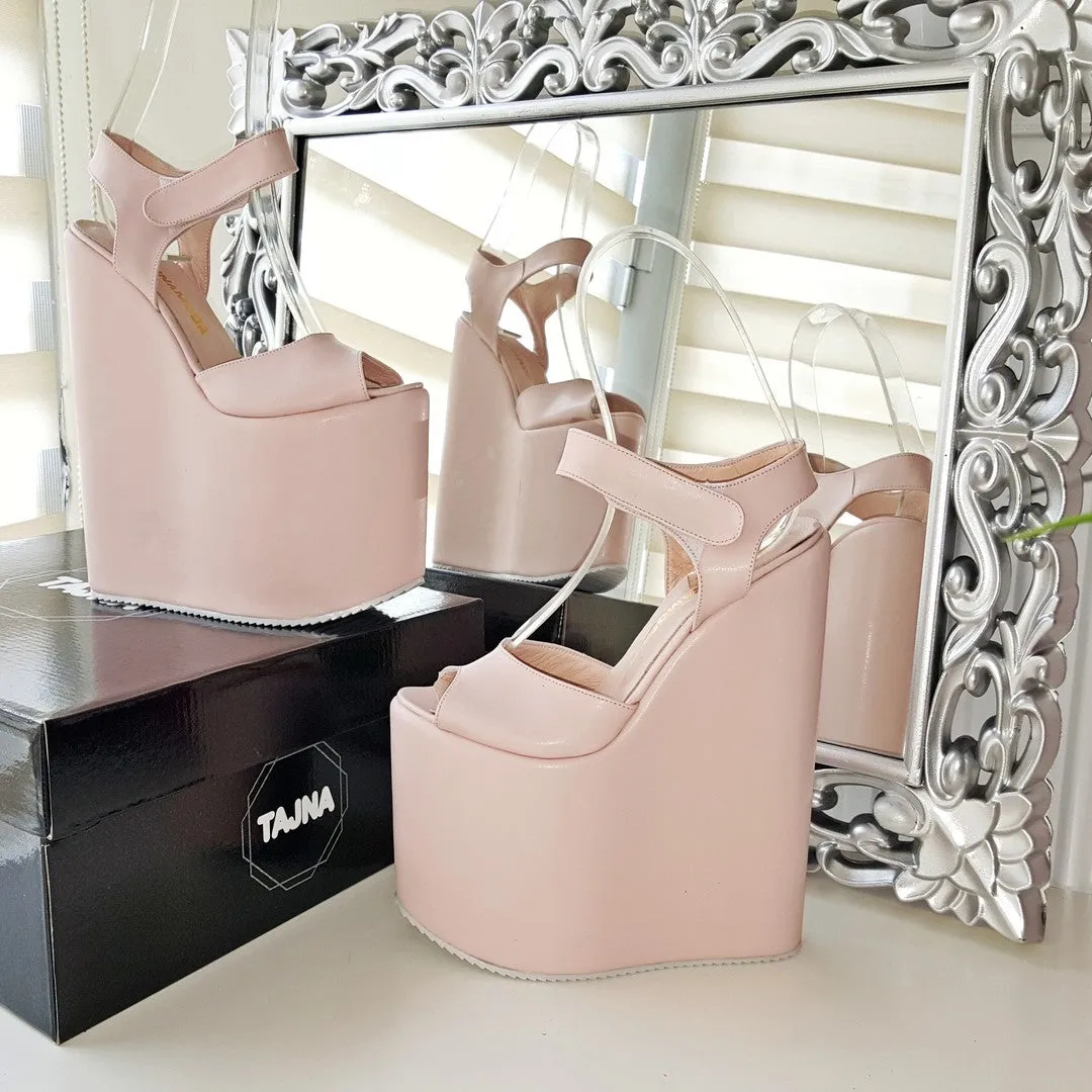 Powder Light Pink High Heel Wedge Platform Shoes