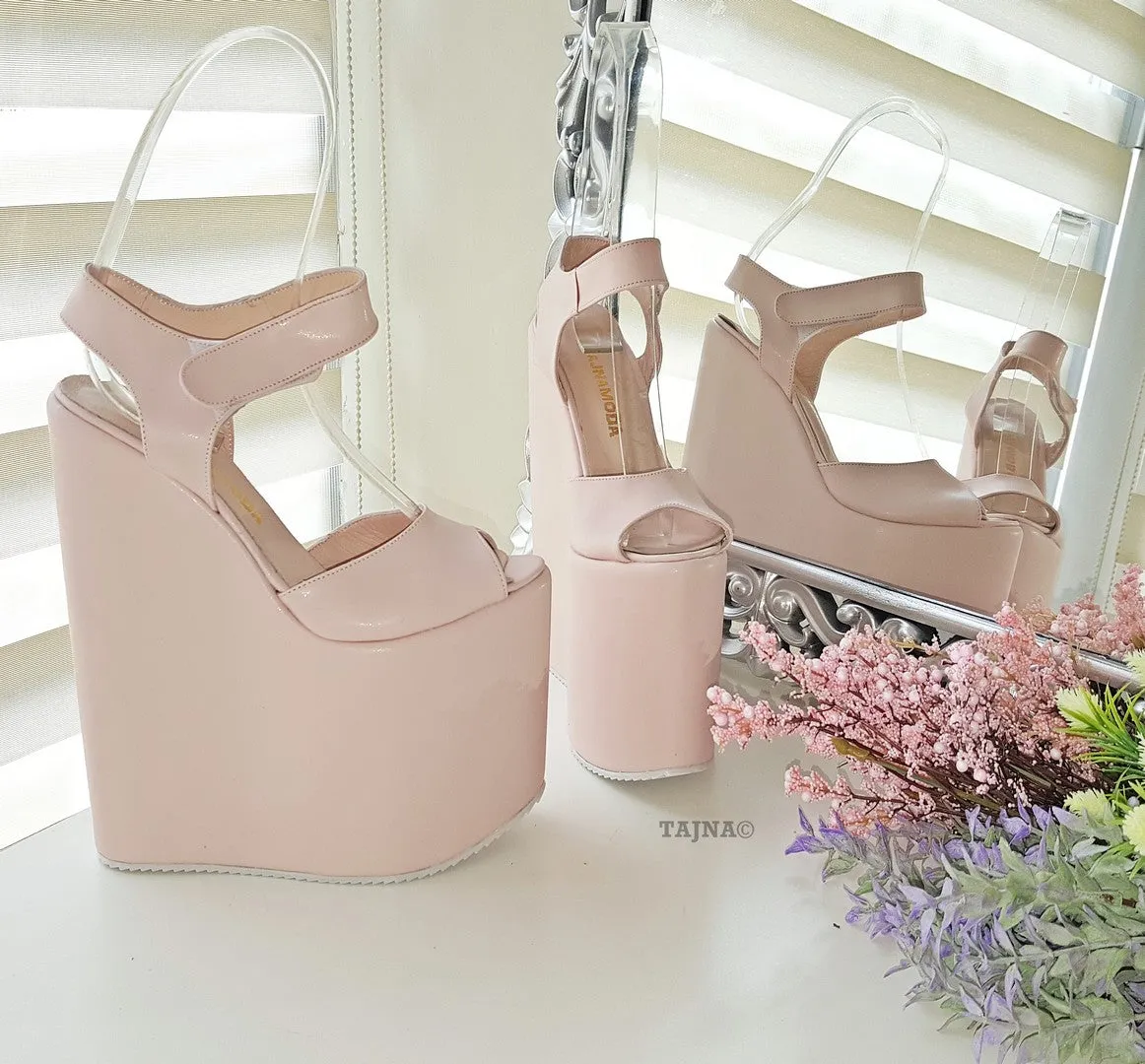 Powder Light Pink High Heel Wedge Platform Shoes