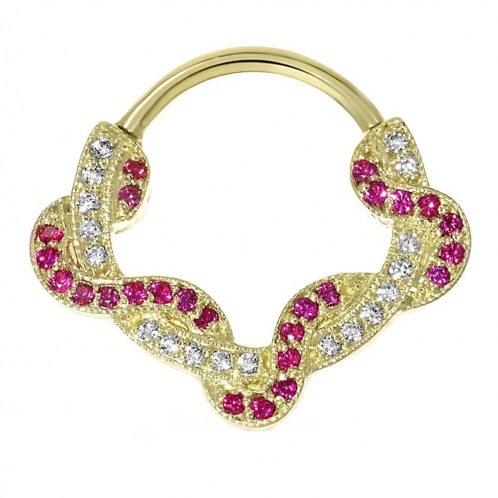 Proteus Hinge Ring in Gold with White Diamond & Rubies