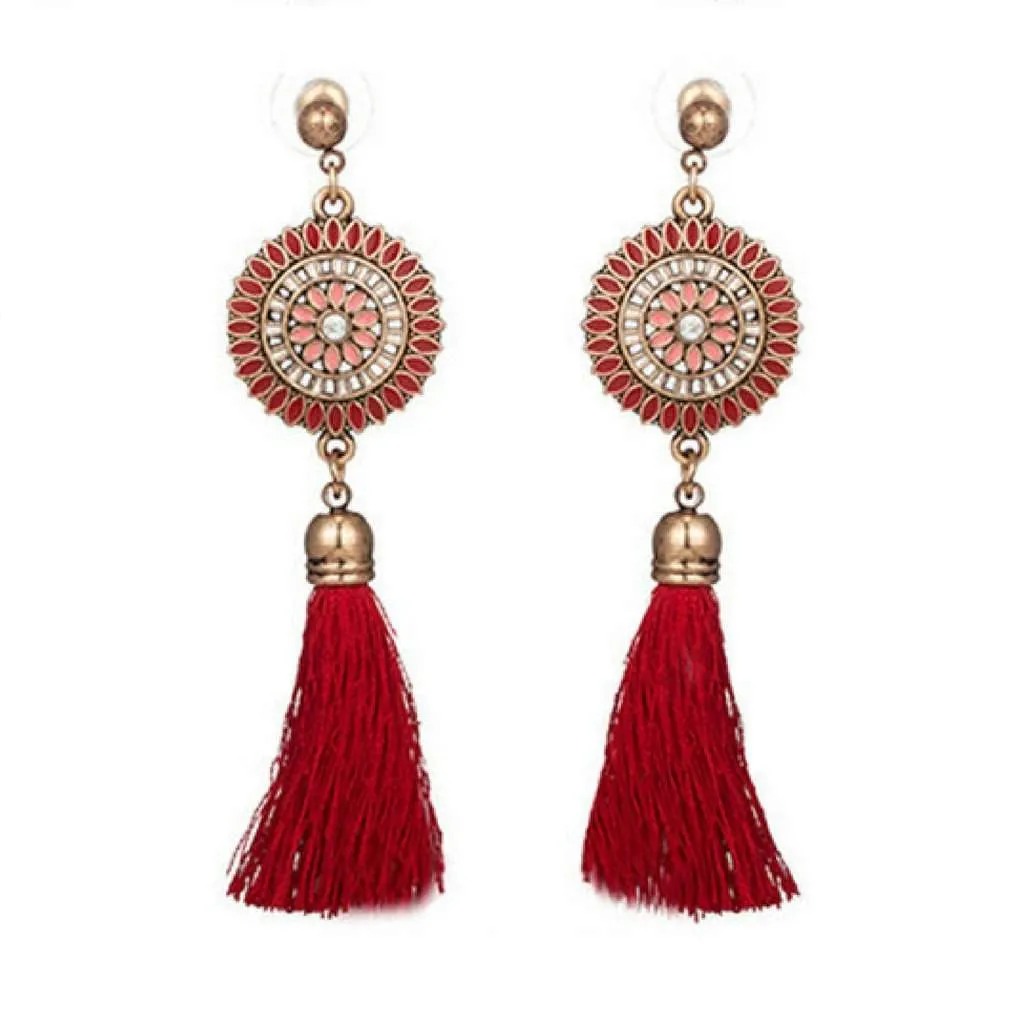 Red Bohemian Gold Disc and Tassel Earrings