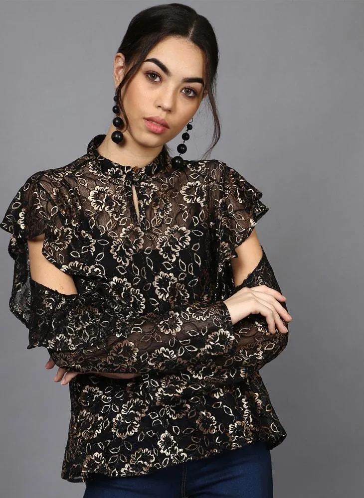 Sheer Gold Lace Ruffled Sleeve Blouse