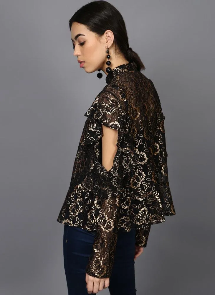 Sheer Gold Lace Ruffled Sleeve Blouse