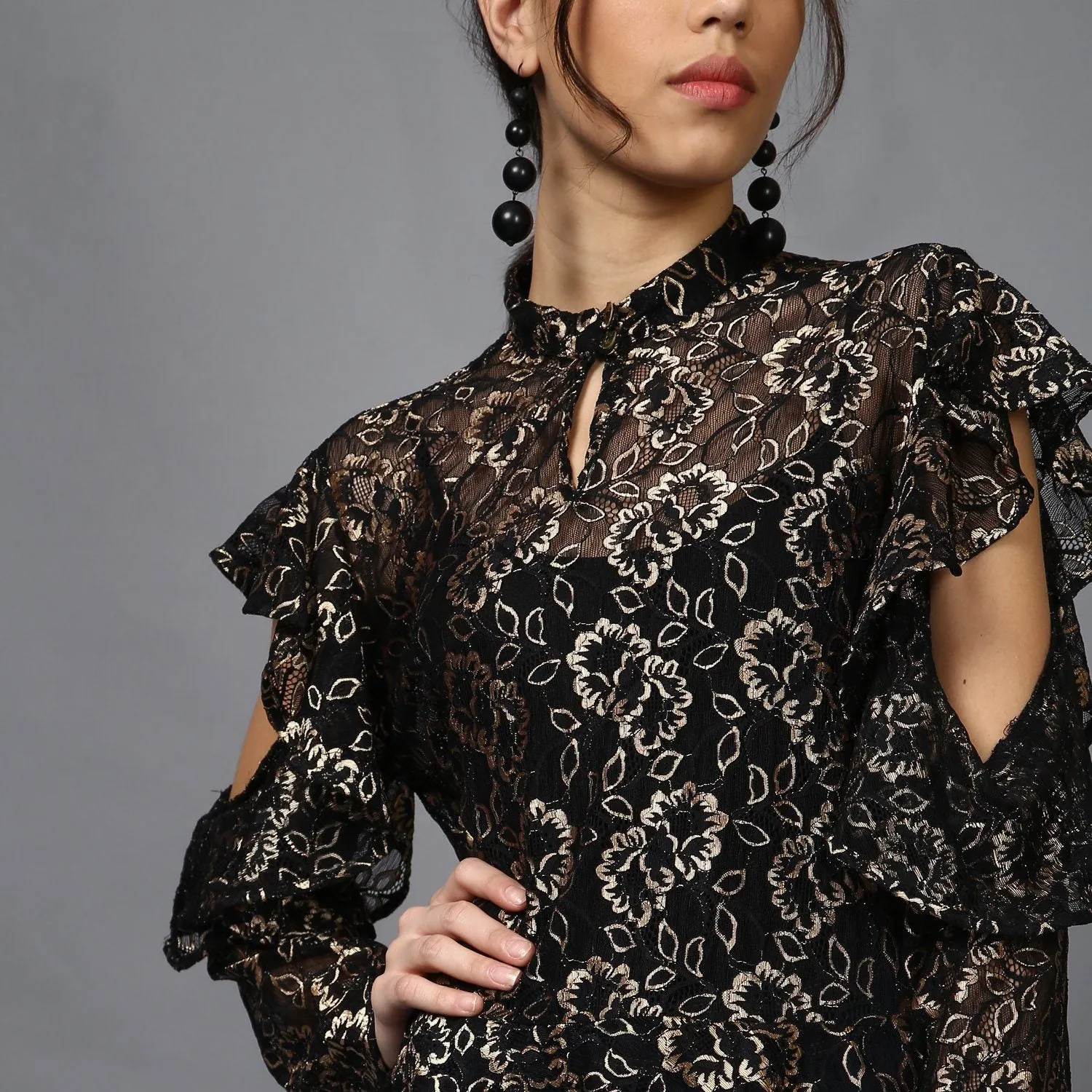 Sheer Gold Lace Ruffled Sleeve Blouse