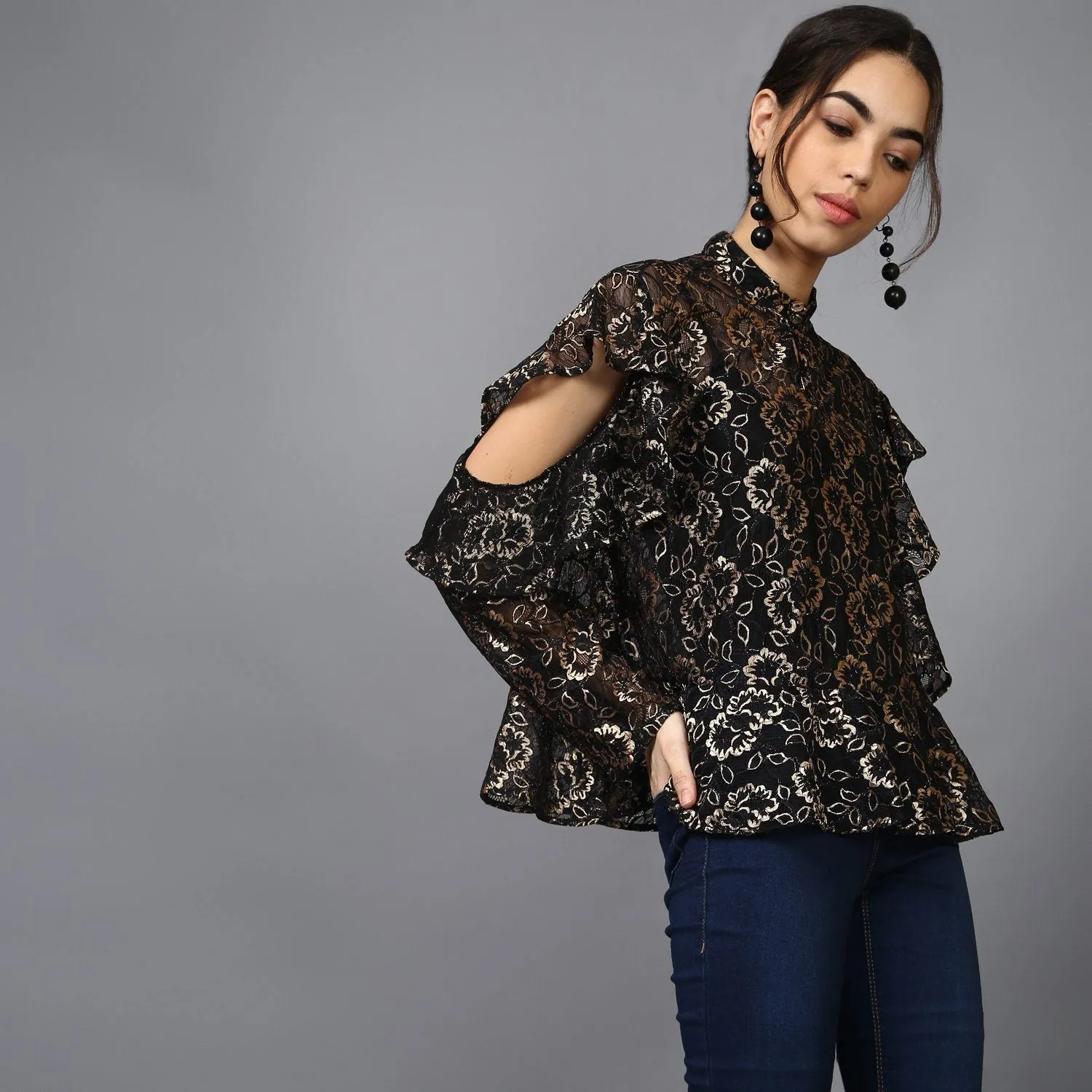 Sheer Gold Lace Ruffled Sleeve Blouse