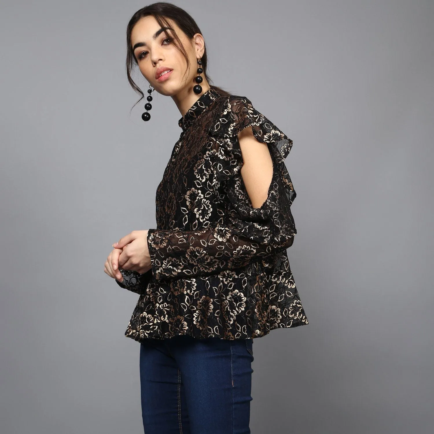 Sheer Gold Lace Ruffled Sleeve Blouse