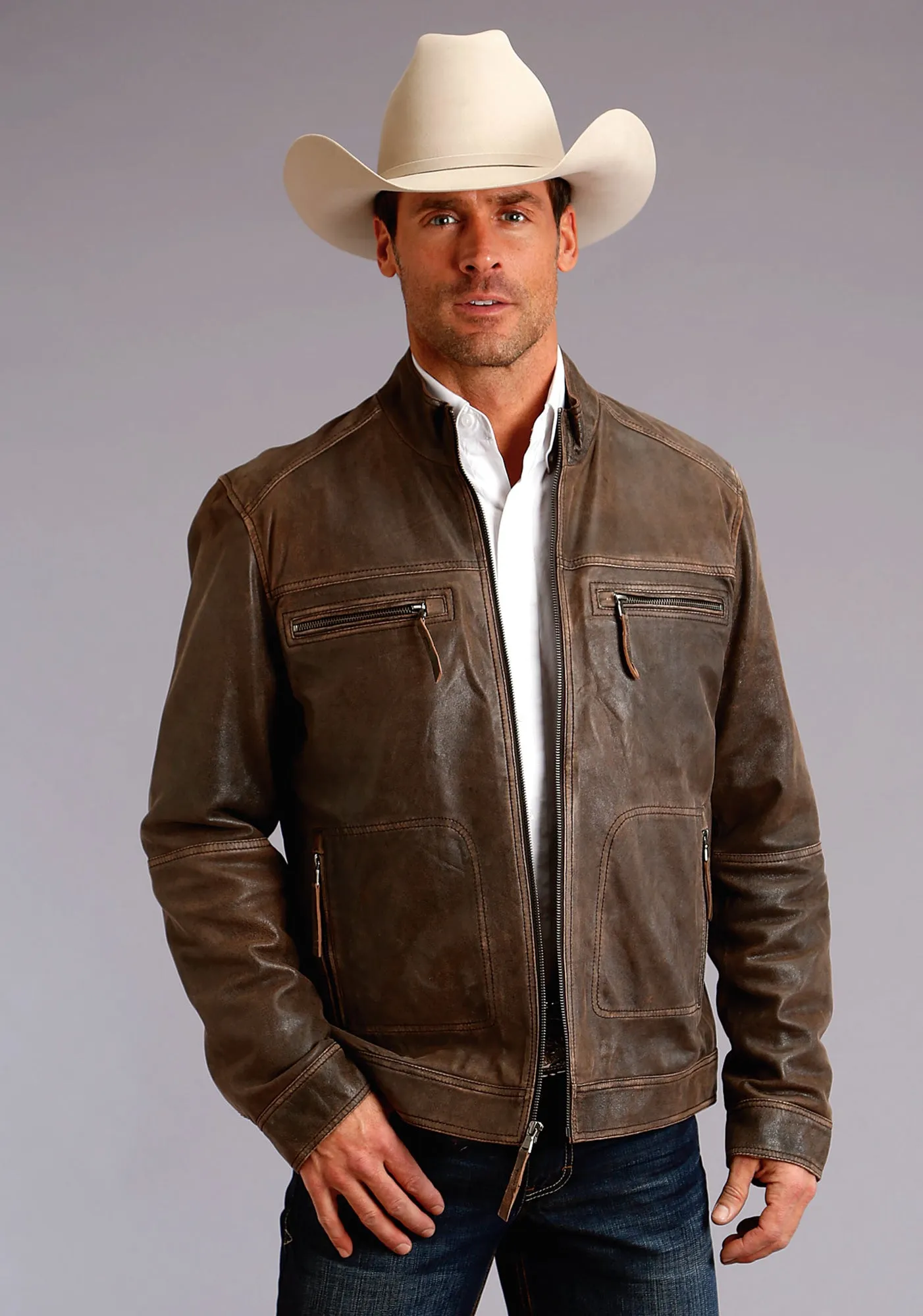 Stetson Distressed Mens Brown Leather Western Jacket