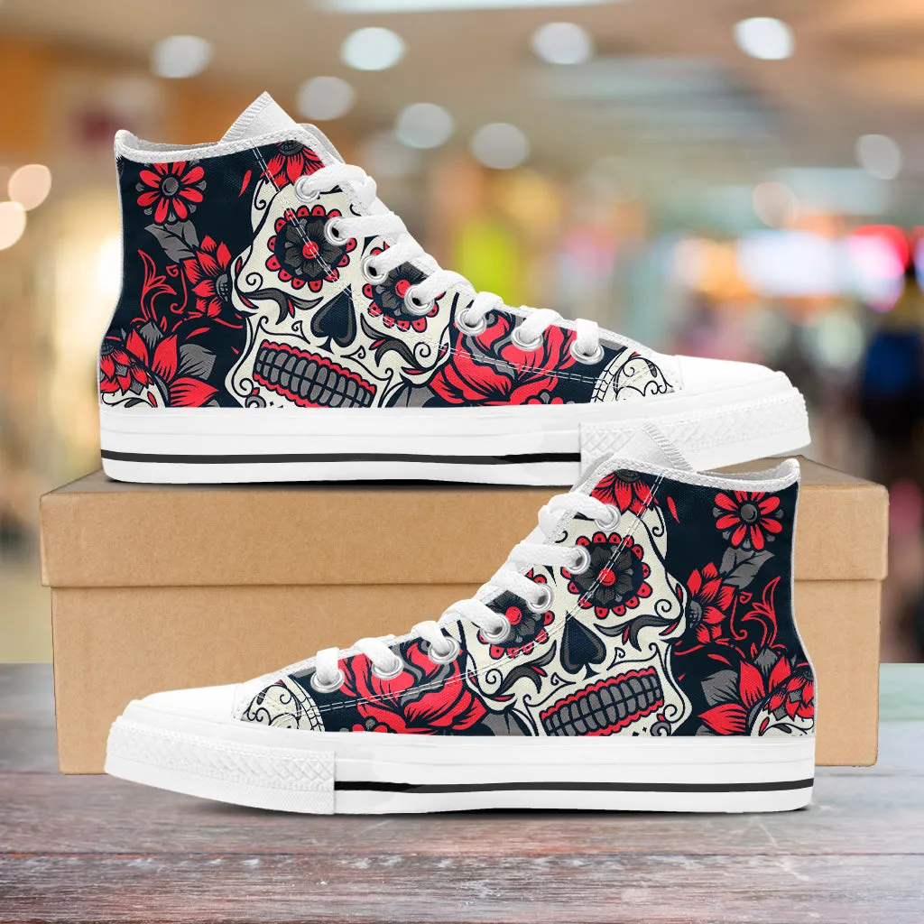 Sugar Skull Red Rose High Top Shoes White