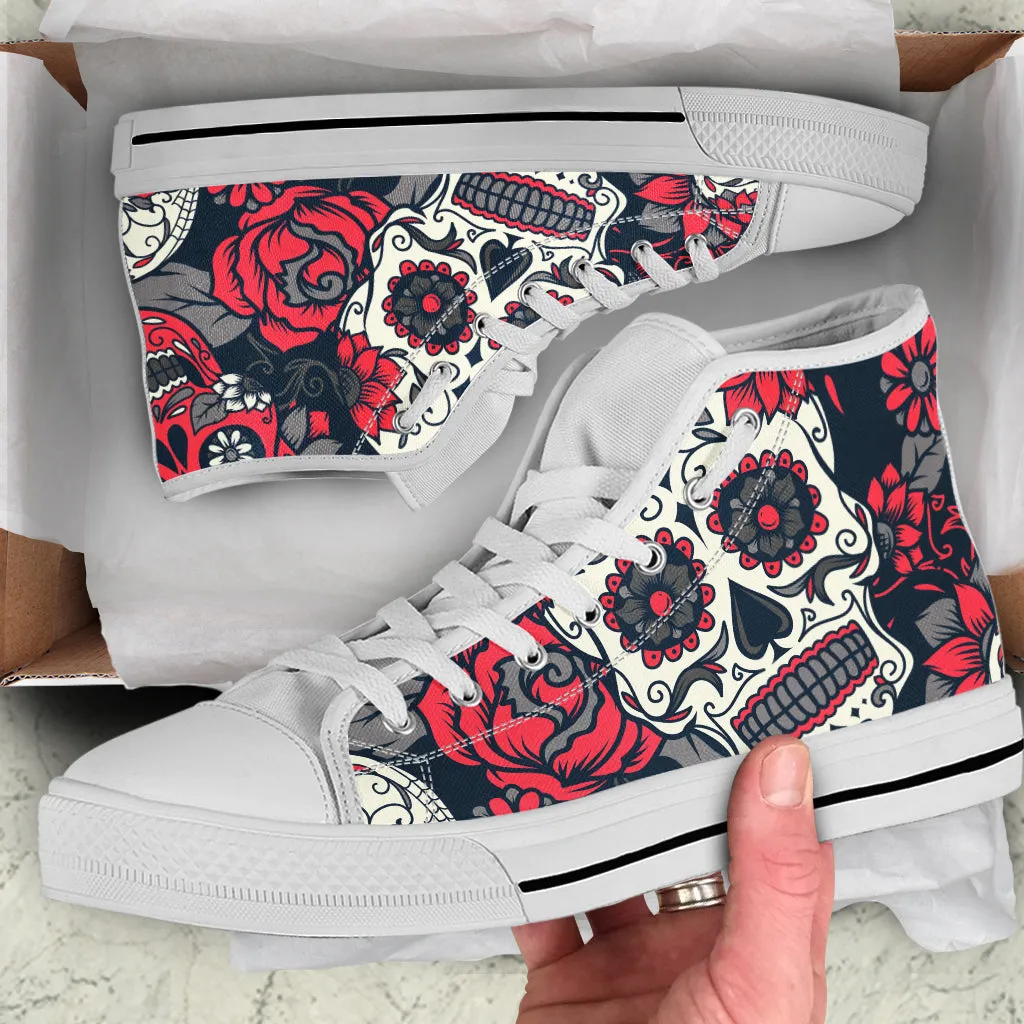 Sugar Skull Red Rose High Top Shoes White