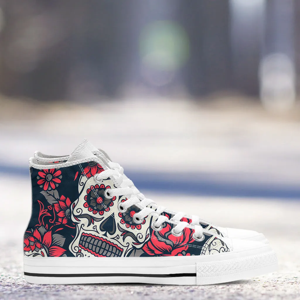 Sugar Skull Red Rose High Top Shoes White