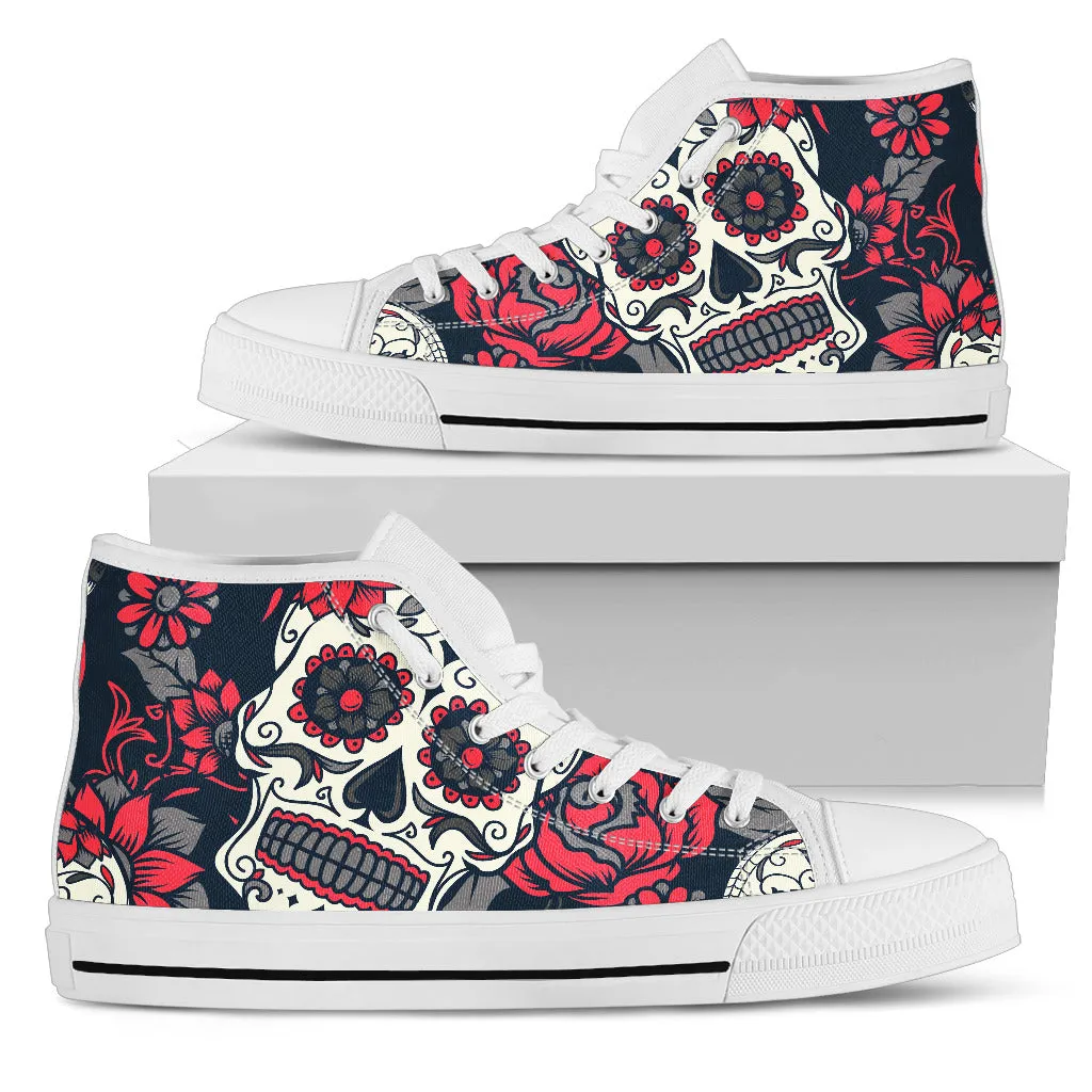 Sugar Skull Red Rose High Top Shoes White