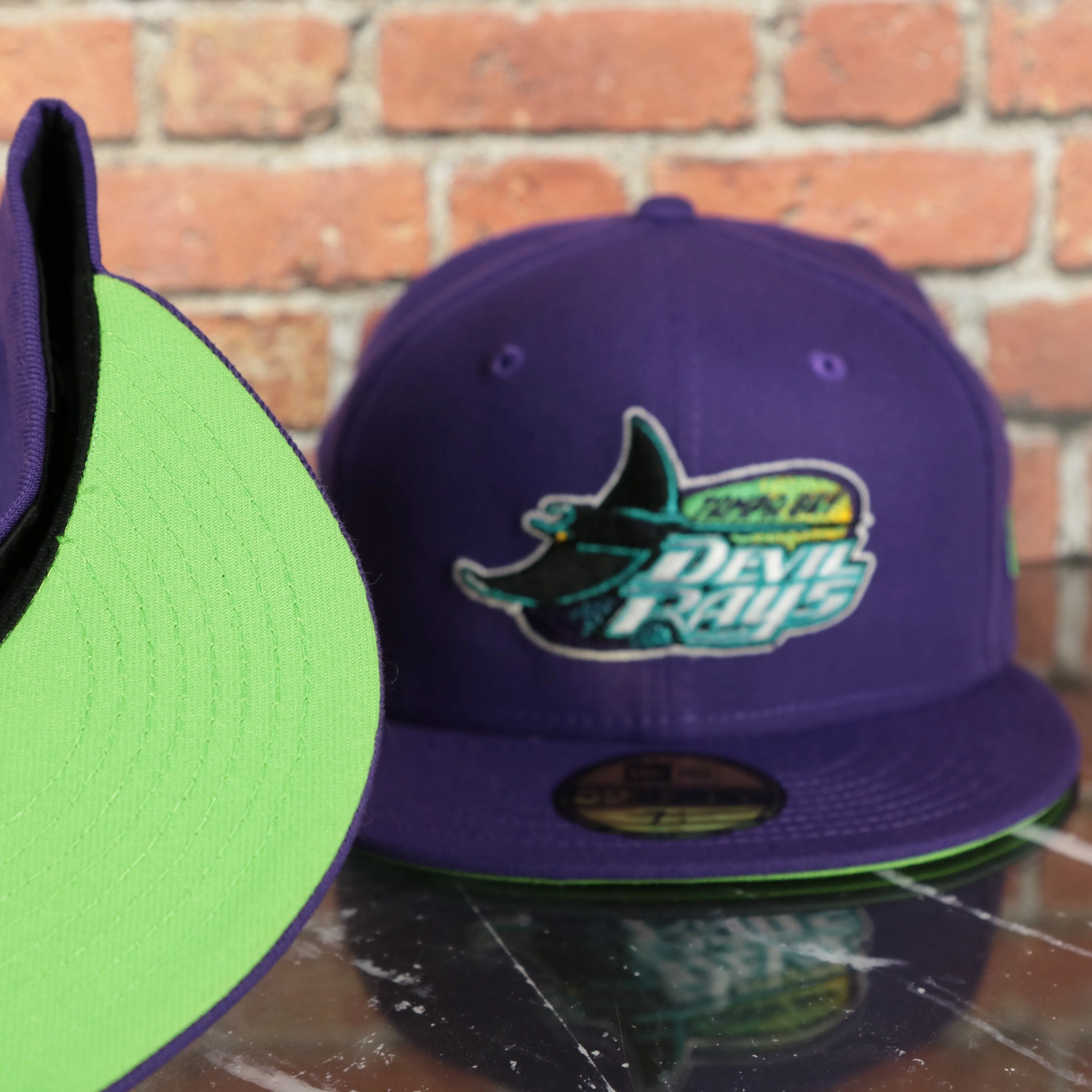 Tampa Bay Devil Rays 1998 Inaugural Season Side Patch Purple 59Fifty Green Bottom Fitted Cap | Donatello Pack