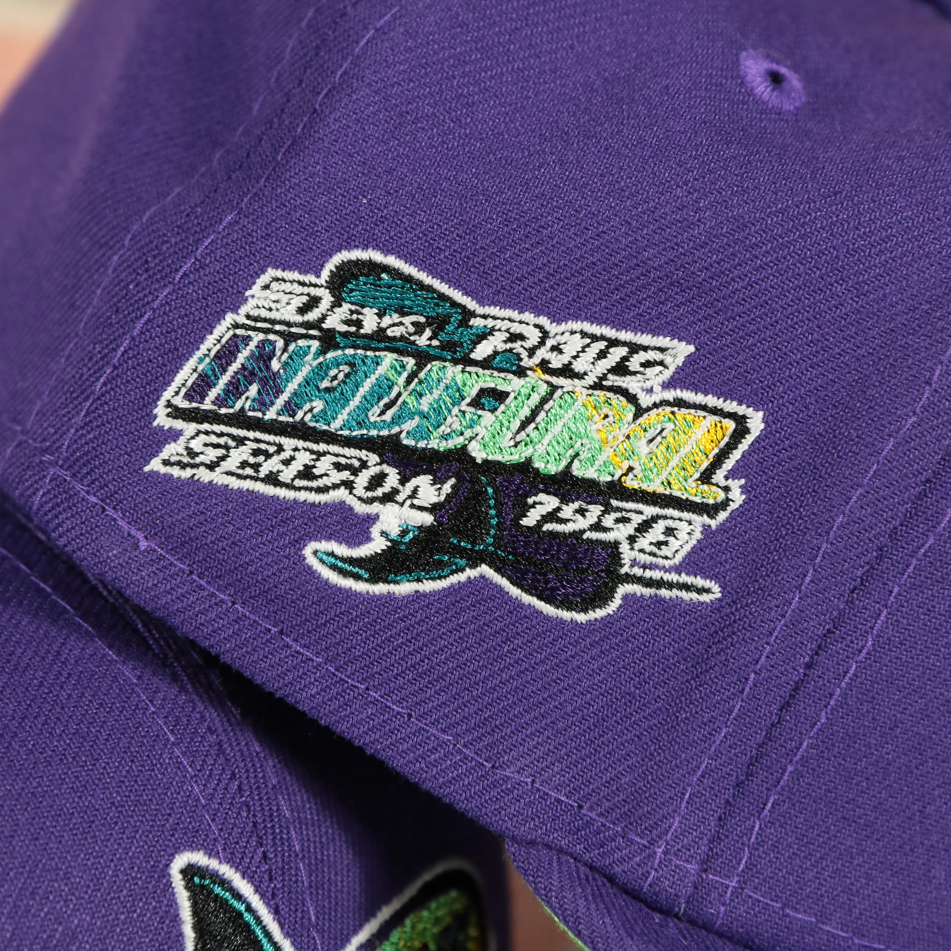 Tampa Bay Devil Rays 1998 Inaugural Season Side Patch Purple 59Fifty Green Bottom Fitted Cap | Donatello Pack