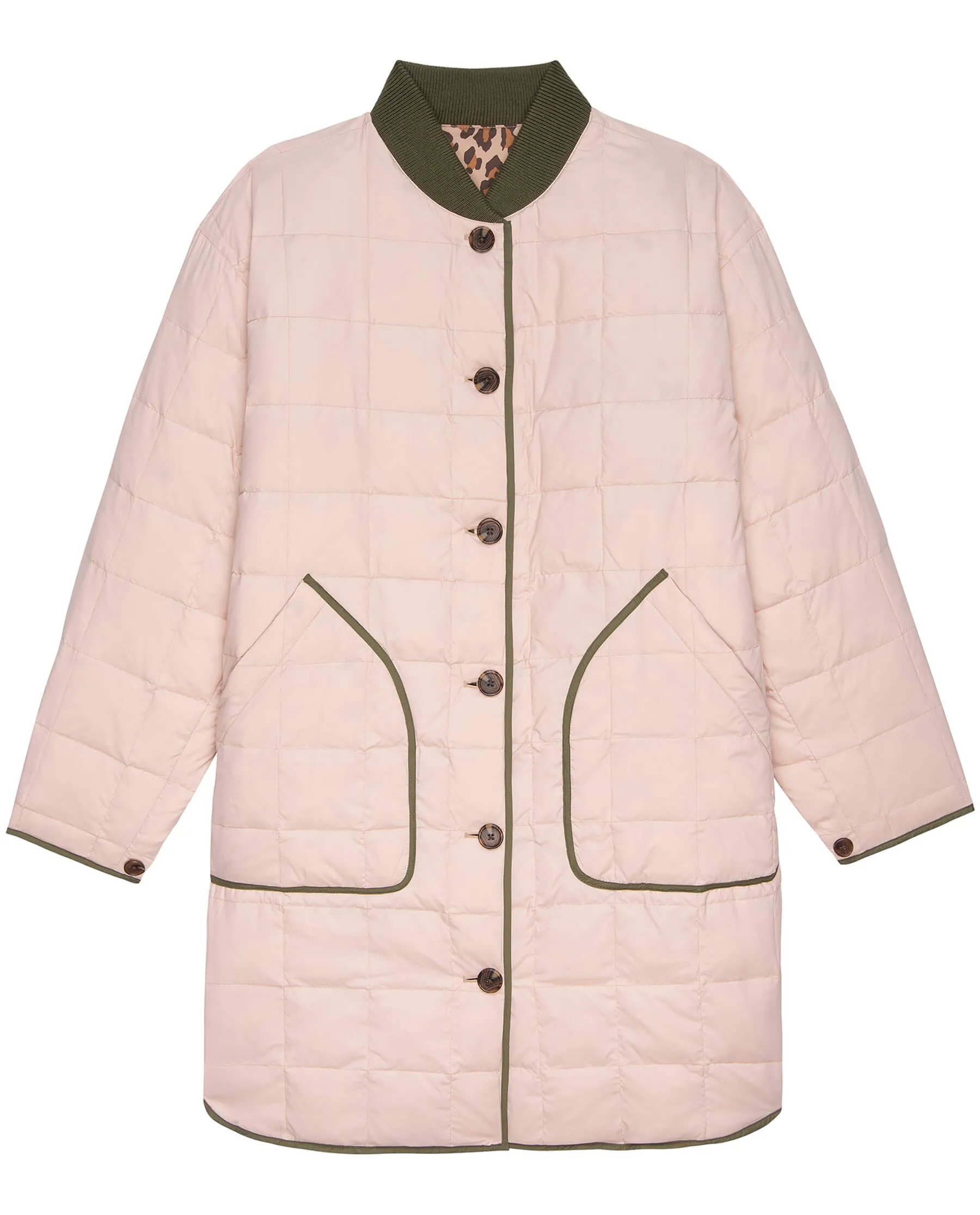 The Reversible Down Treeline Puffer. -- Blush and Snow Leopard