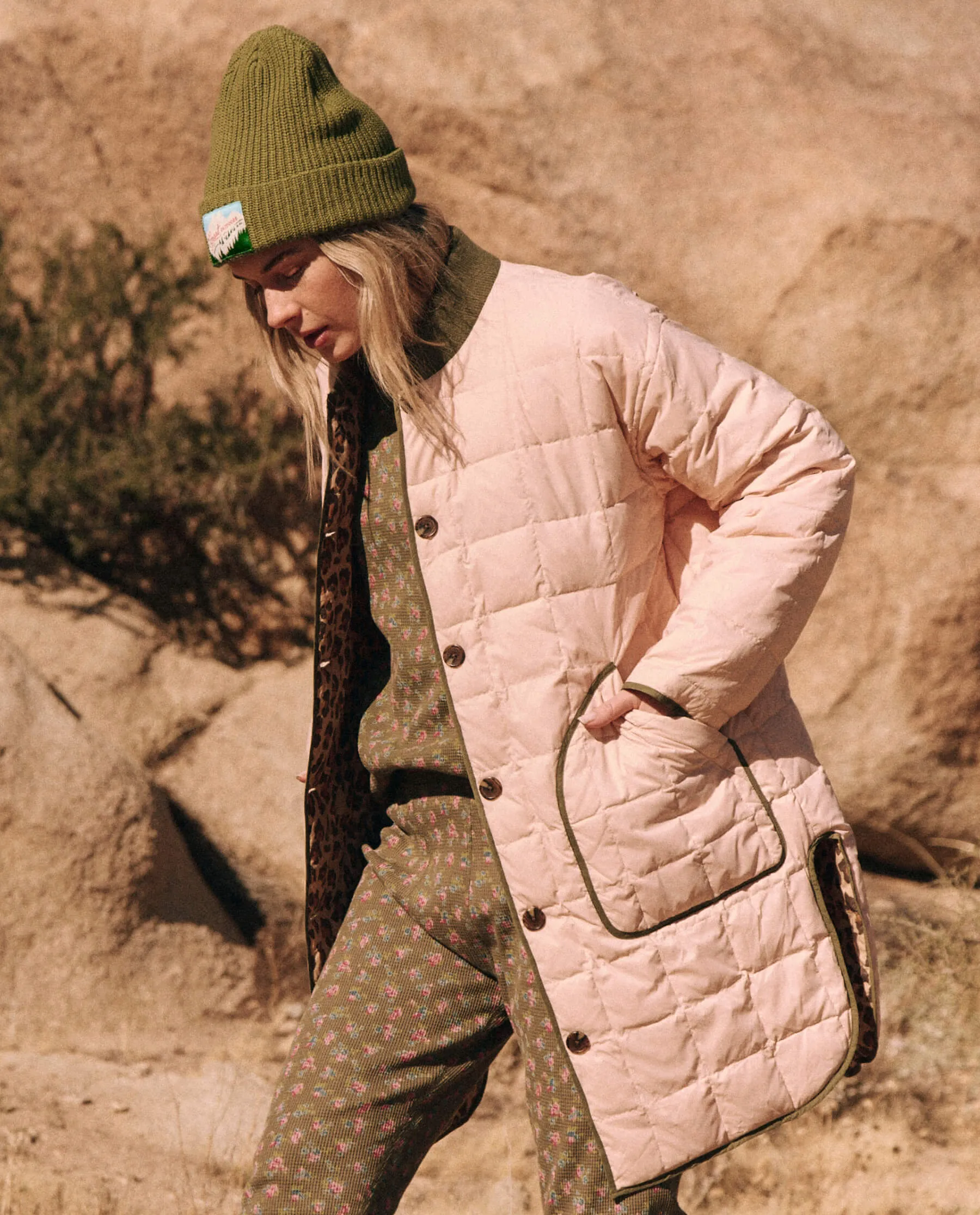 The Reversible Down Treeline Puffer. -- Blush and Snow Leopard