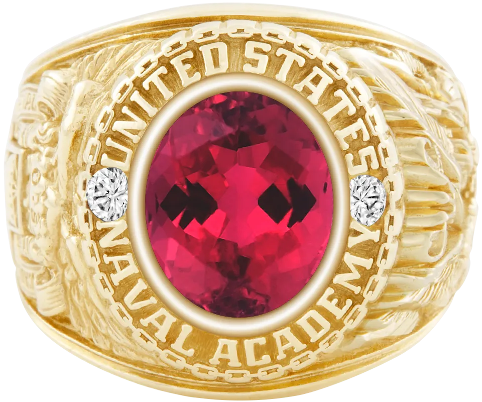 USNA Class Ring Mod with Red Tourmaline Centerpiece and Diamond Dividers