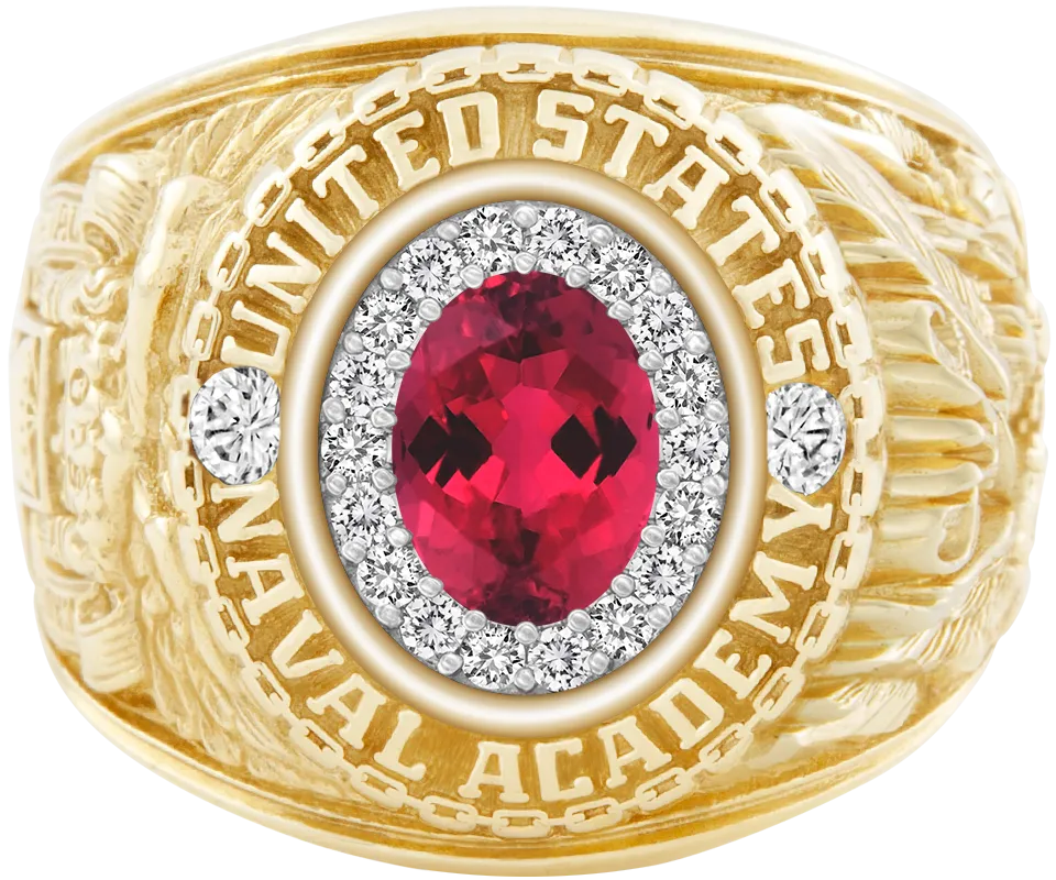 USNA Class Ring Mod with Red Tourmaline Centerpiece and Diamond Dividers