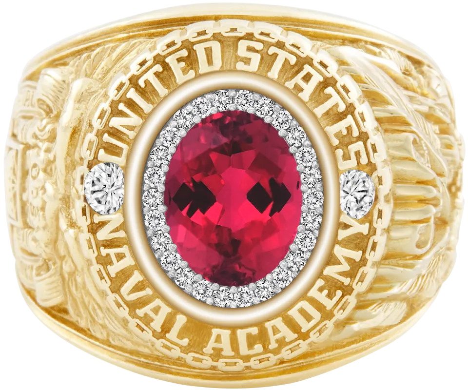 USNA Class Ring Mod with Red Tourmaline Centerpiece and Diamond Dividers