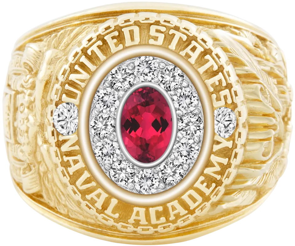 USNA Class Ring Mod with Red Tourmaline Centerpiece and Diamond Dividers