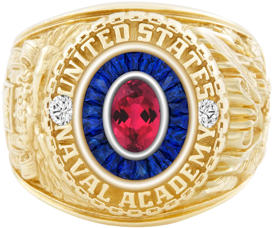 USNA Class Ring Mod with Red Tourmaline Centerpiece and Diamond Dividers